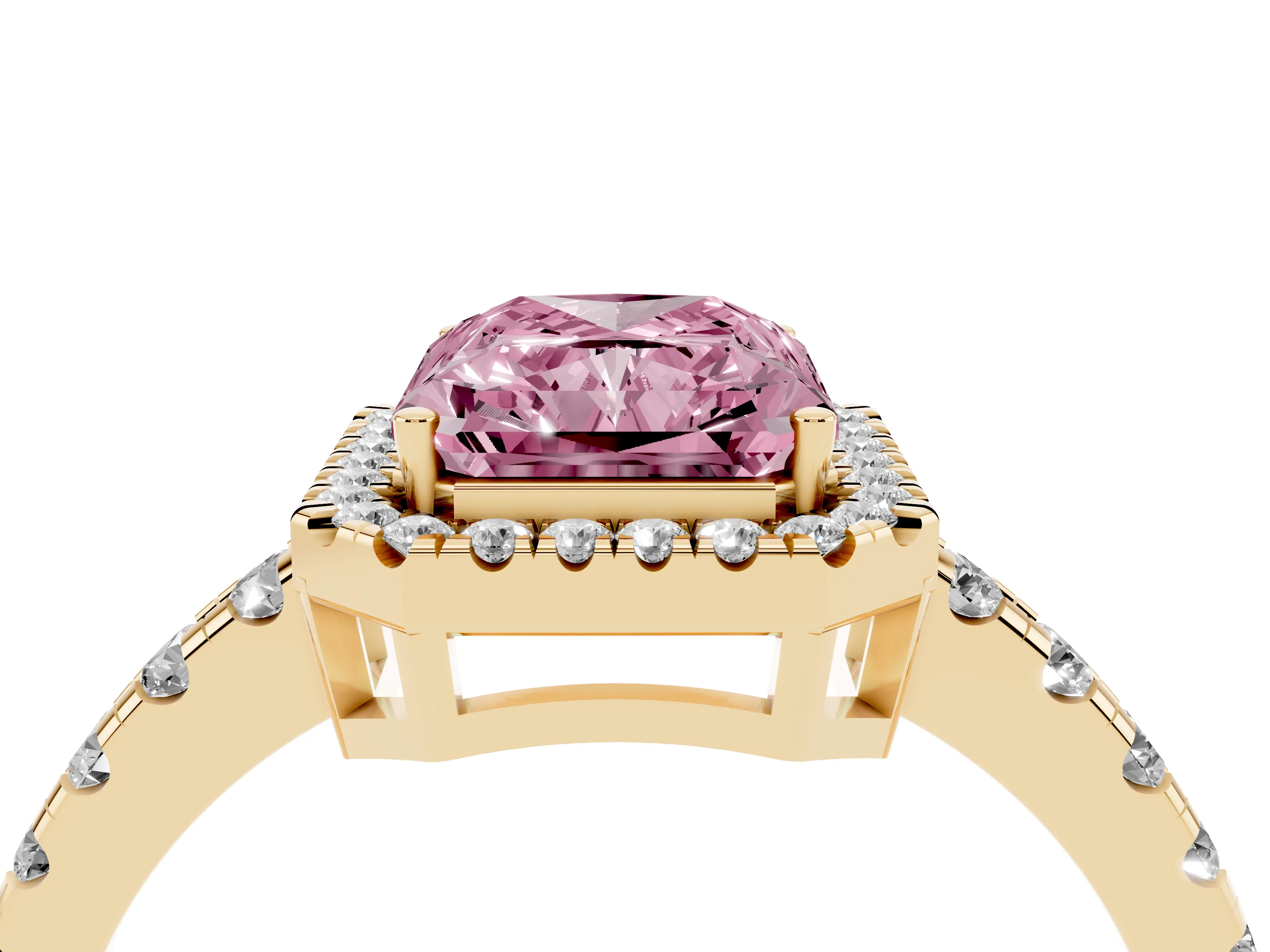 Fancy Pink Radiant Cut Diamond Halo Ring Set in Yellow gold with Delicate Pavé Band and Prong Setting