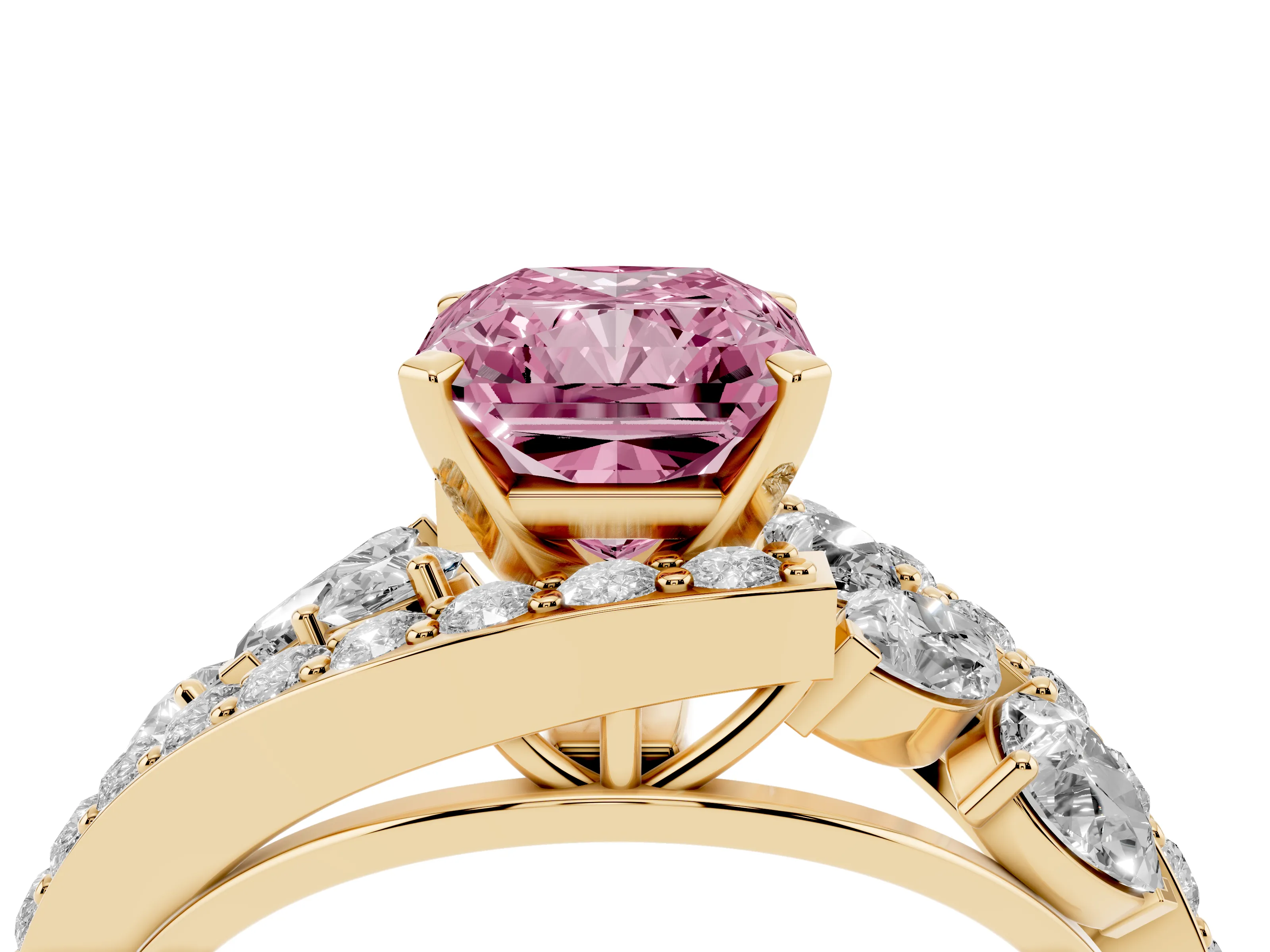 Fancy Pink Radiant Cut Diamond Halo Ring Set in Yellow gold with Marquise and Pavé Band in Prong Setting