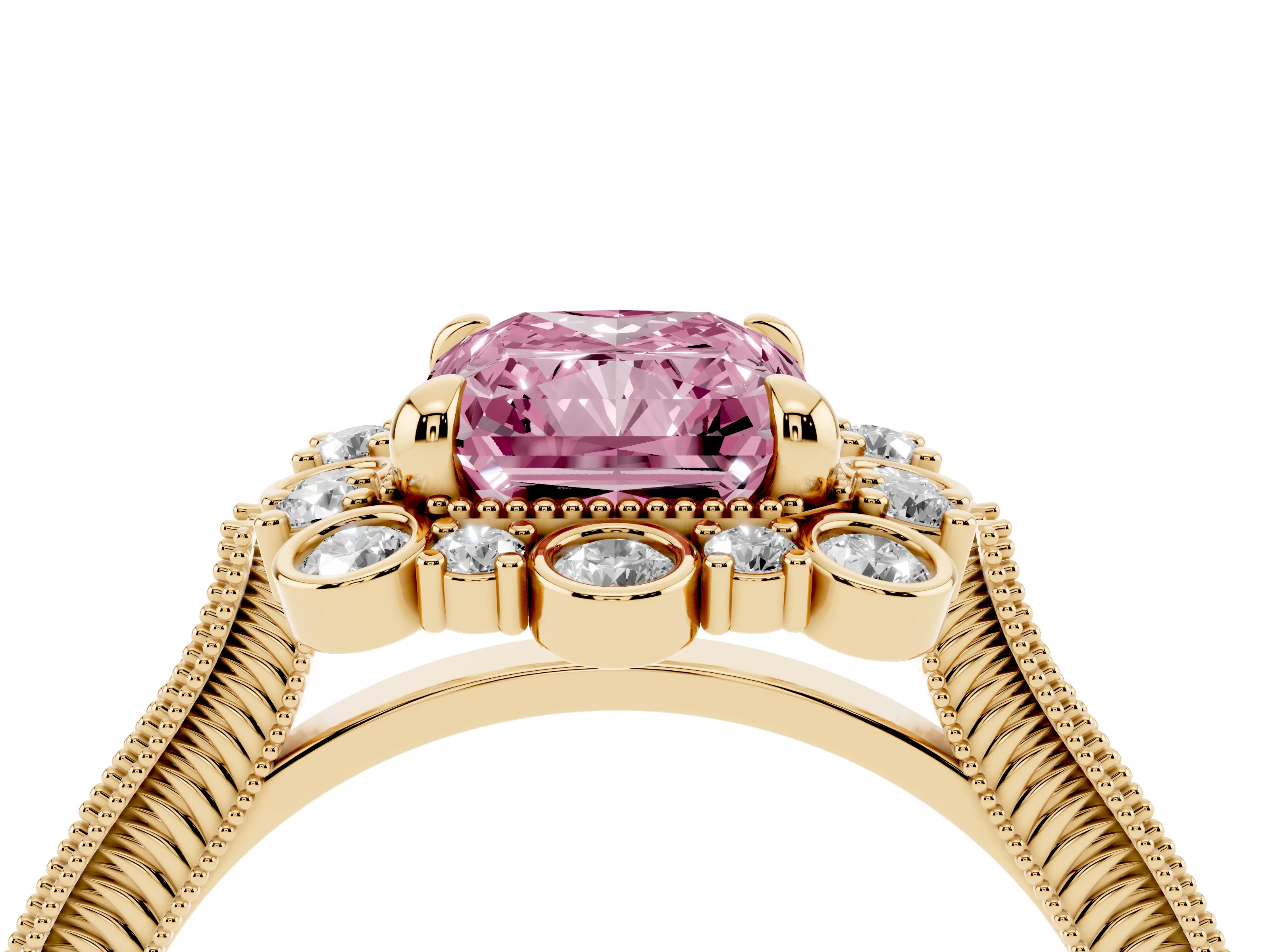 Fancy Pink Radiant Cut Diamond Halo Milgrain Pavé Ring Set in Yellow gold with Prong Setting