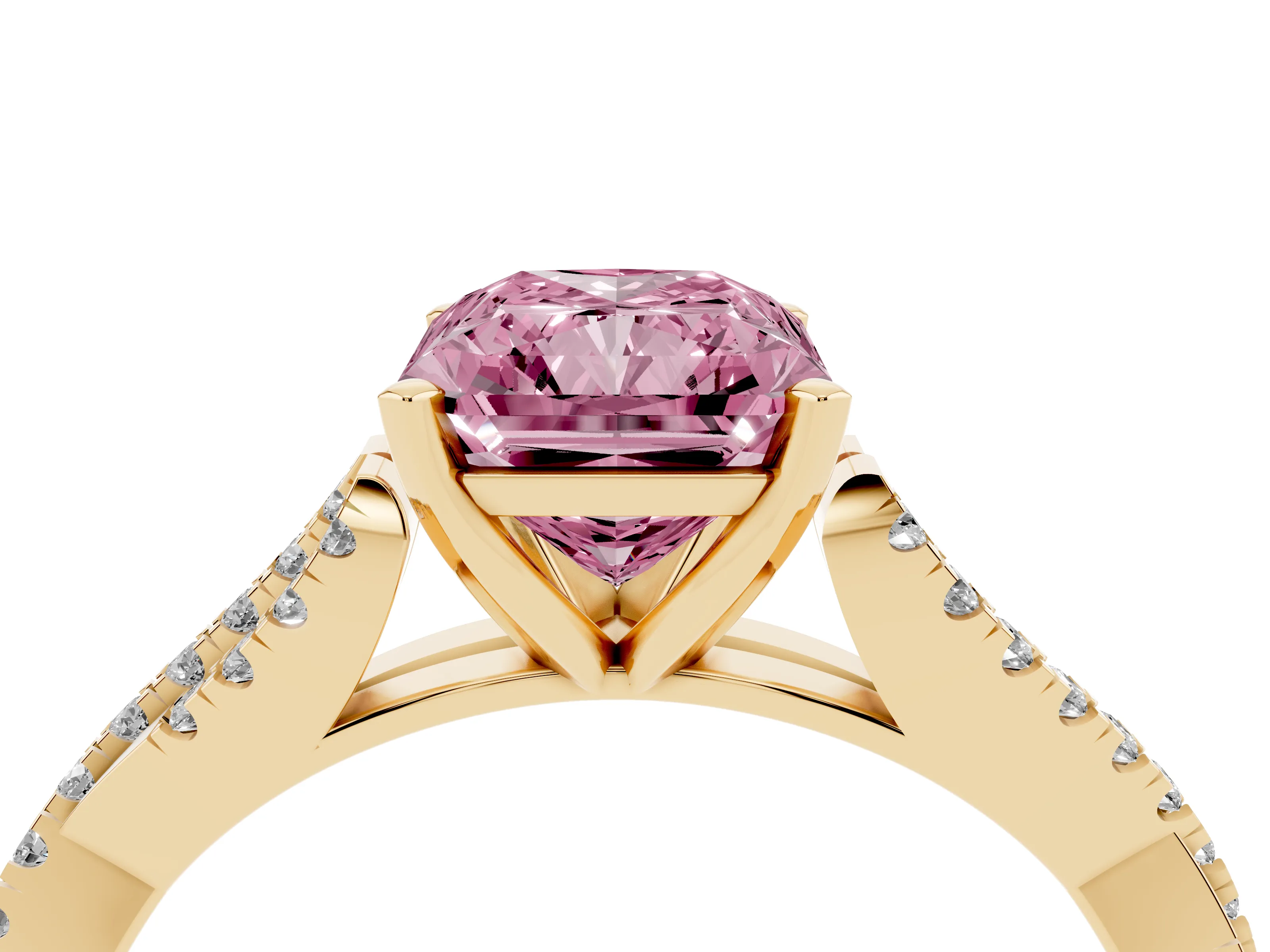 Fancy Pink Radiant Cut Diamond Solitaire Engagement Ring Set in Yellow gold with Twisted Pavé Band and Prong Setting