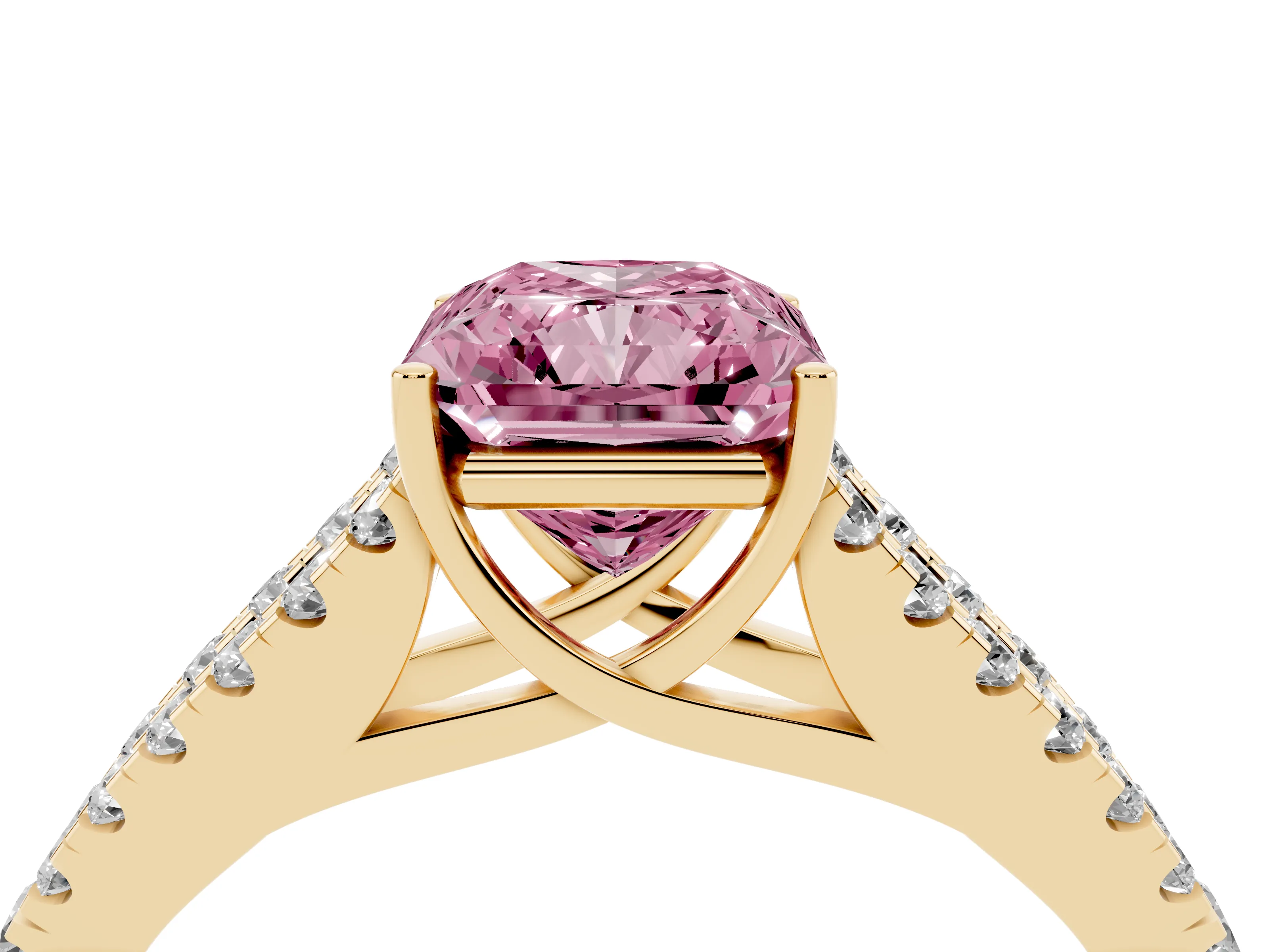 Fancy Pink Radiant Cut Diamond Split Shank Pavé Engagement Ring Set in Yellow gold with Prong-Held Center Stone