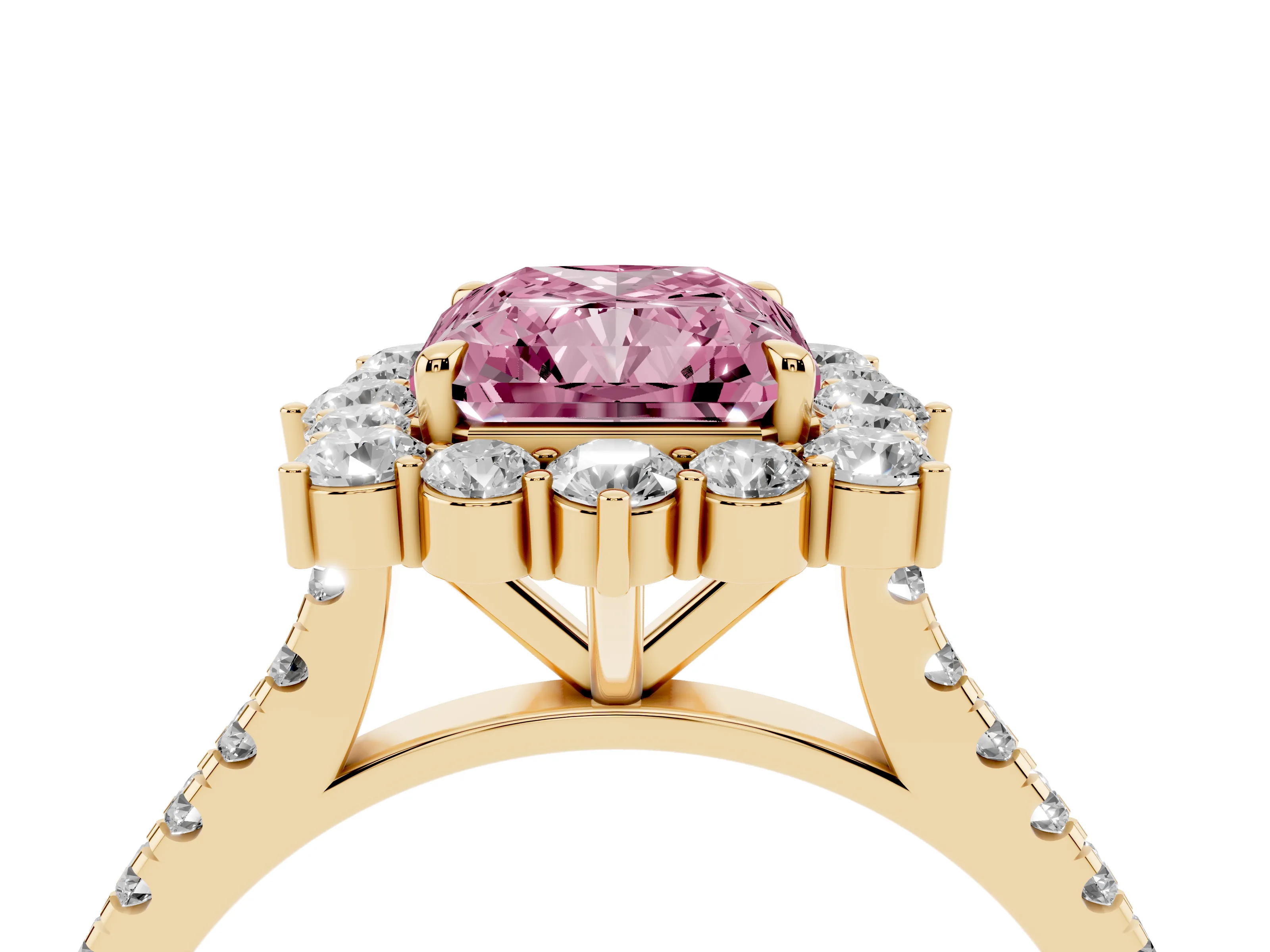 Fancy Pink Radiant Cut Diamond Halo Ring Set in Yellow gold with Pavé Band and Prong Setting