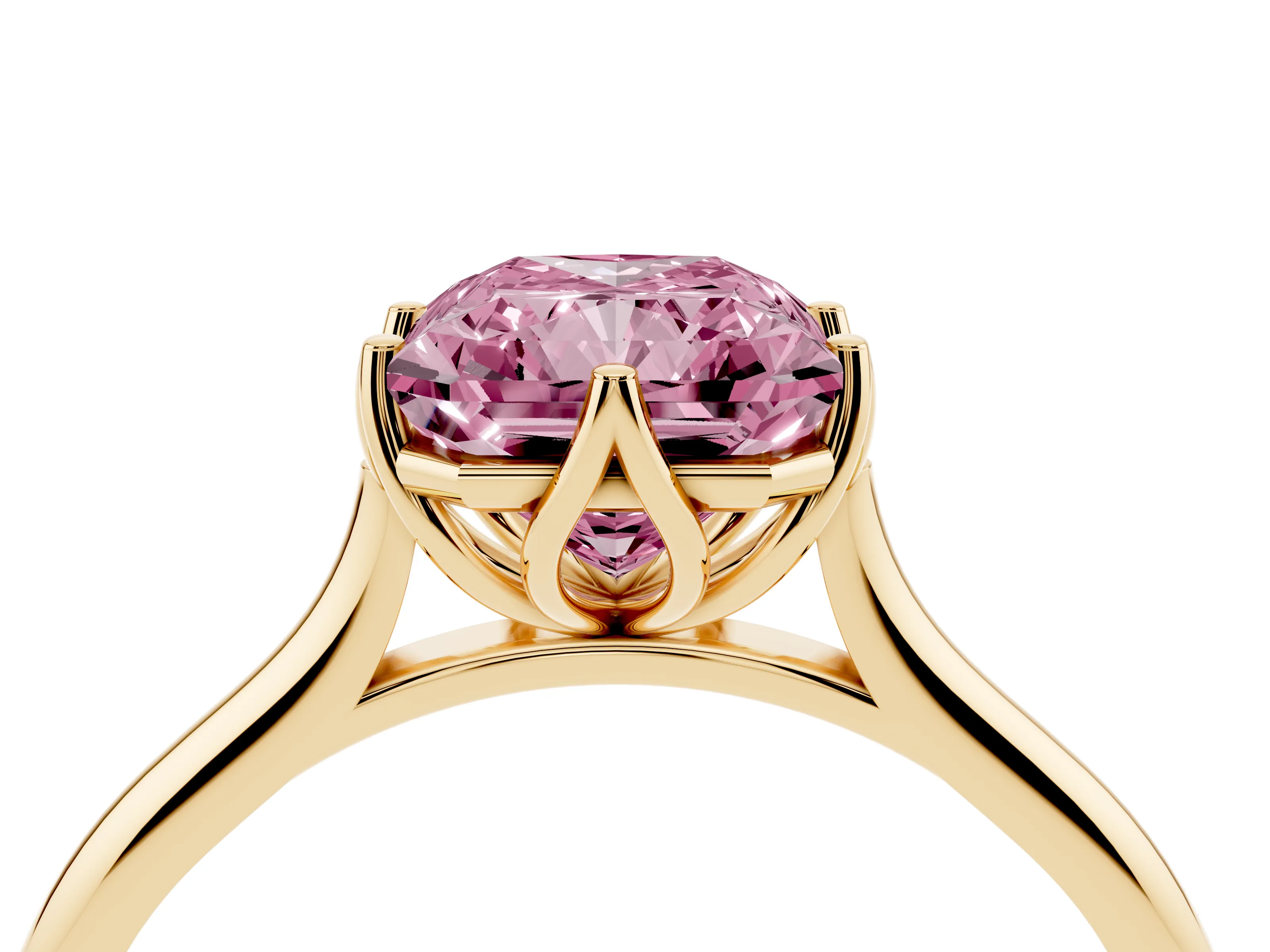 Fancy Pink Radiant Cut Diamond Solitaire Cathedral Ring Set in Yellow gold with Prong Setting