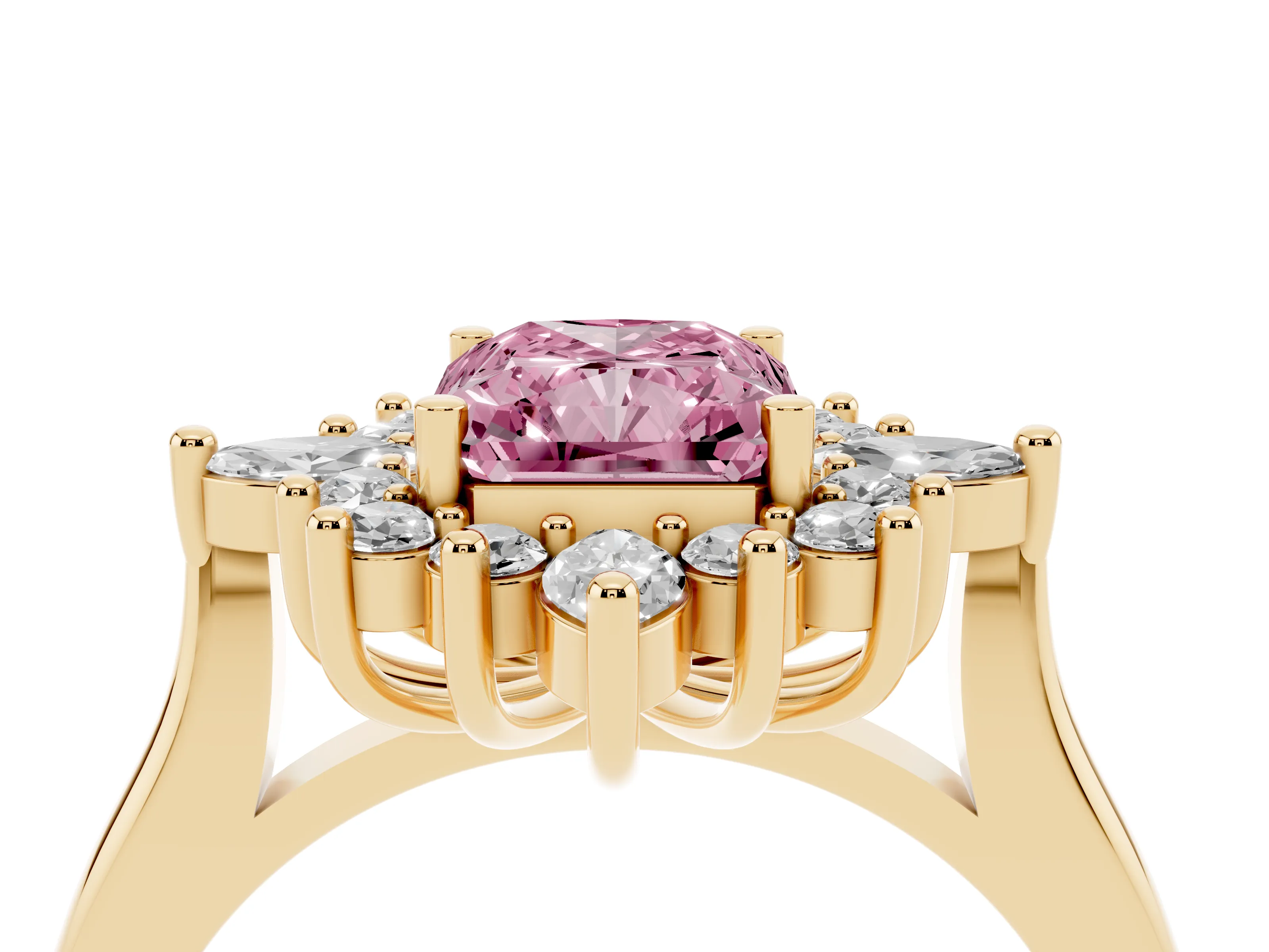 Fancy Pink Radiant Cut Diamond Cluster Halo Ring Set in Yellow gold with Marquise and Round Accents