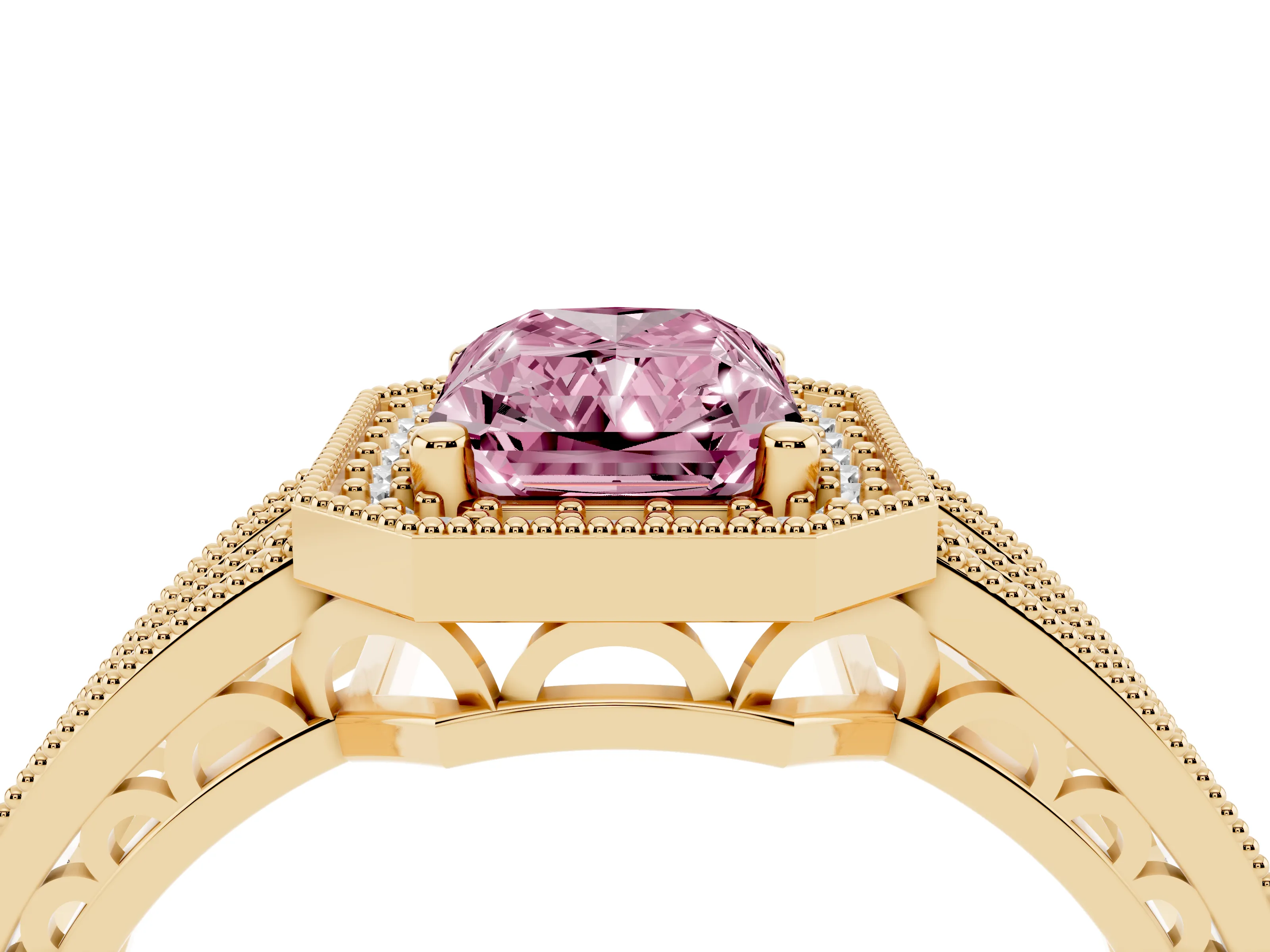 Fancy Pink Radiant Cut Diamond Halo Ring Set in Yellow gold with Accent Split Shank and Prong Setting