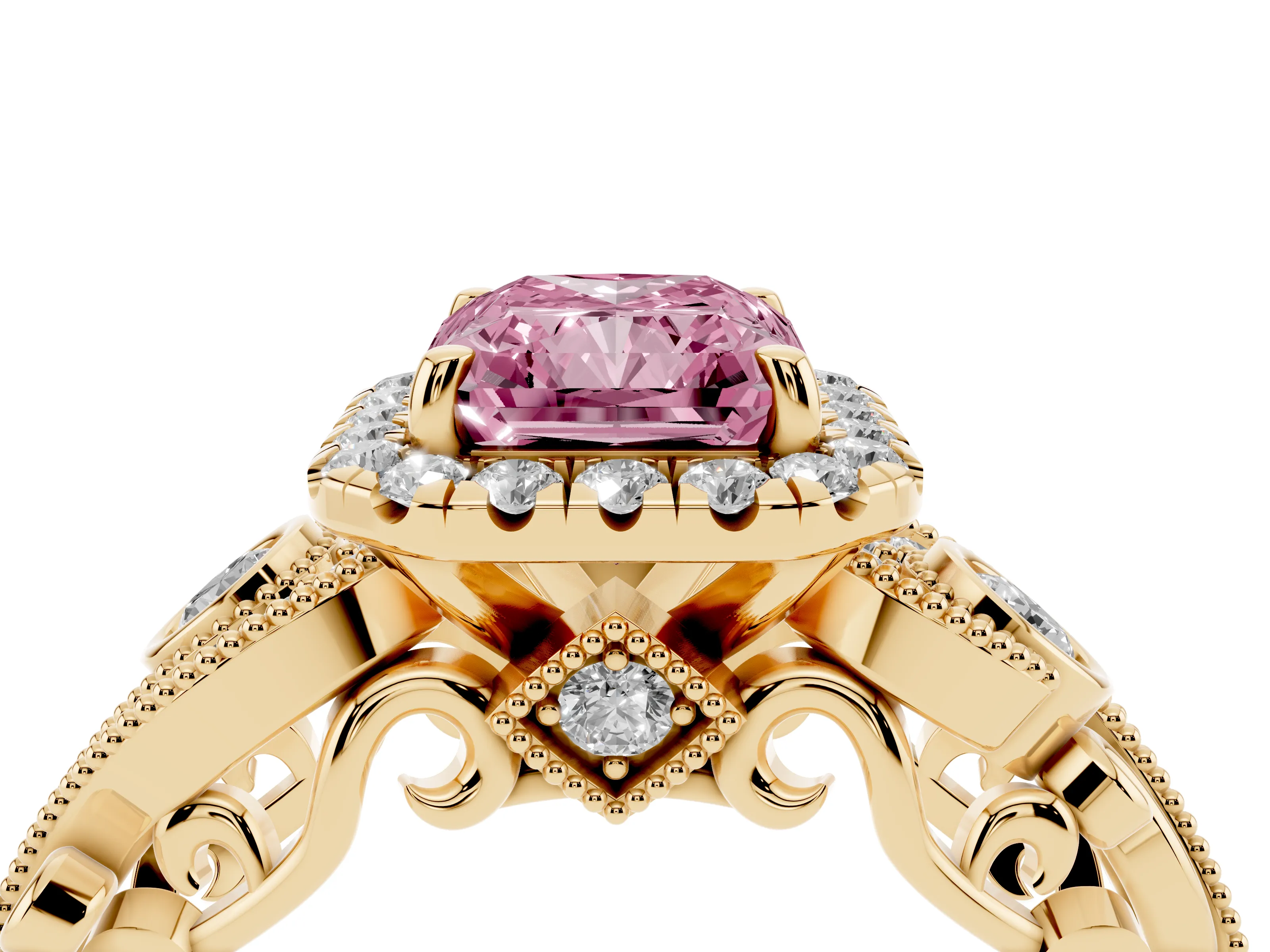 Fancy Pink Radiant Cut Diamond Halo Ring Set in Yellow gold with Milgrain Pavé Band and Prong Setting