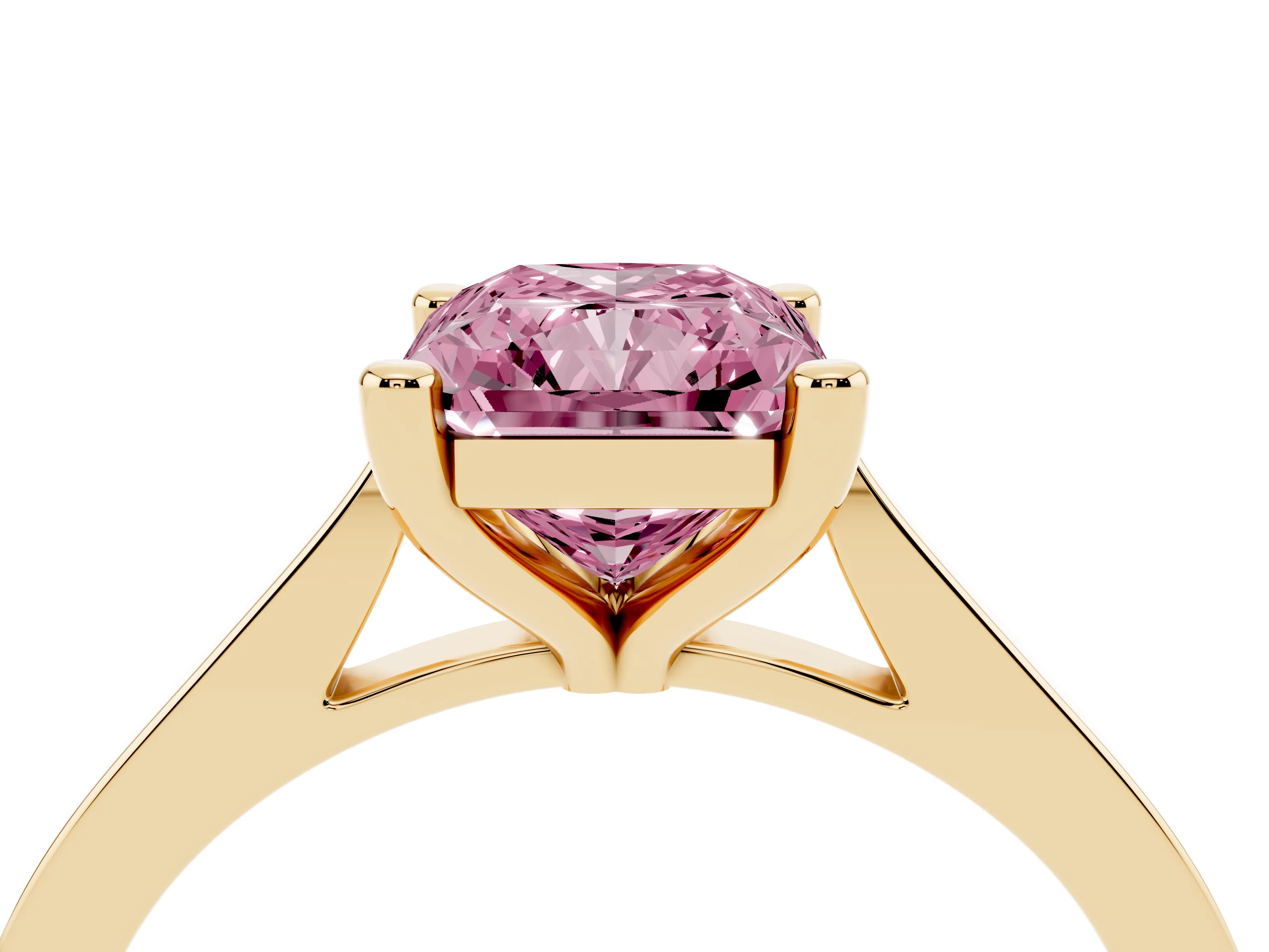 Fancy Pink Radiant Cut Diamond Solitaire Ring Set in Yellow gold with Prong Setting and Tapered Band