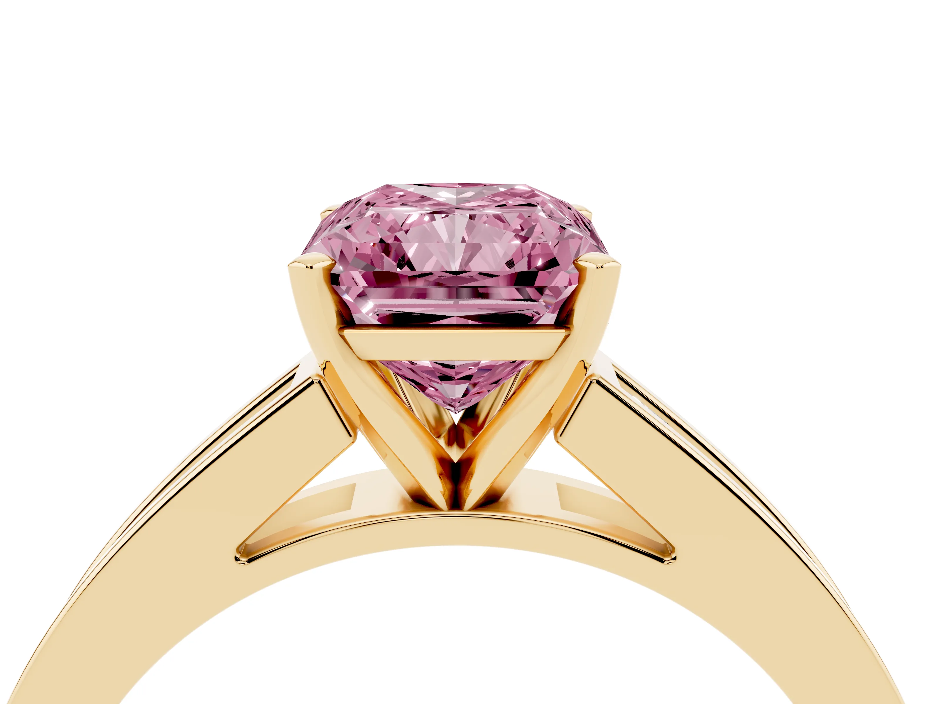 Fancy Pink Radiant Cut Diamond Solitaire Ring Set in Yellow gold with Channel-Set Band and Prong Setting