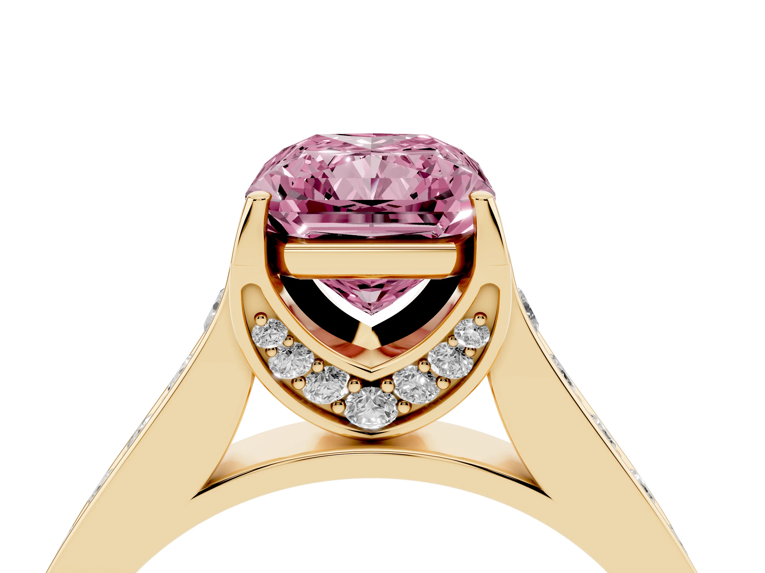 Fancy Pink Radiant Cut Diamond Solitaire Pavé Engagement Ring Set in Yellow gold with Prong Setting