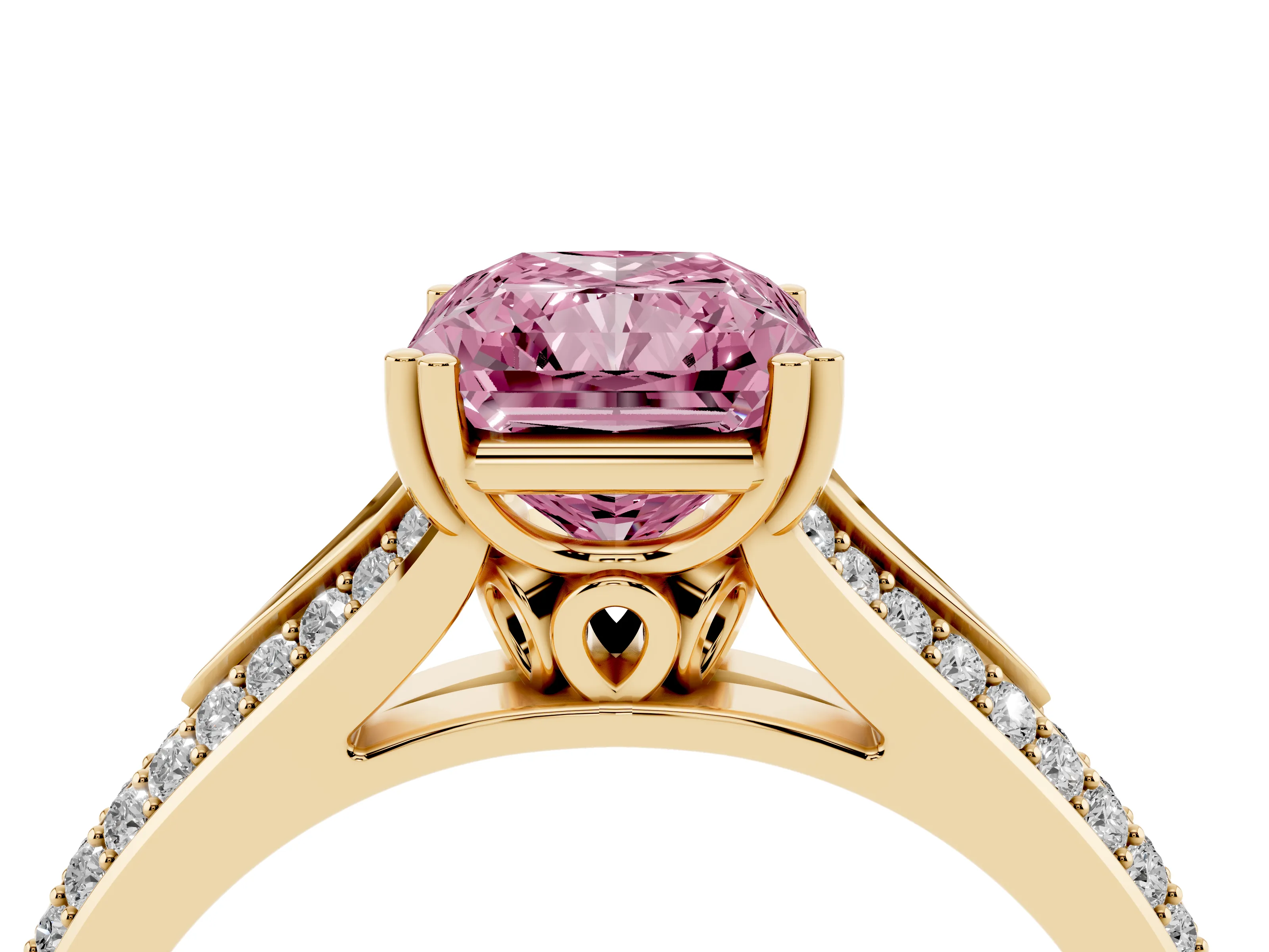 Fancy Pink Radiant Cut Diamond Split Shank Pavé Engagement Ring Set in Yellow gold with Prong-Set Center Stone
