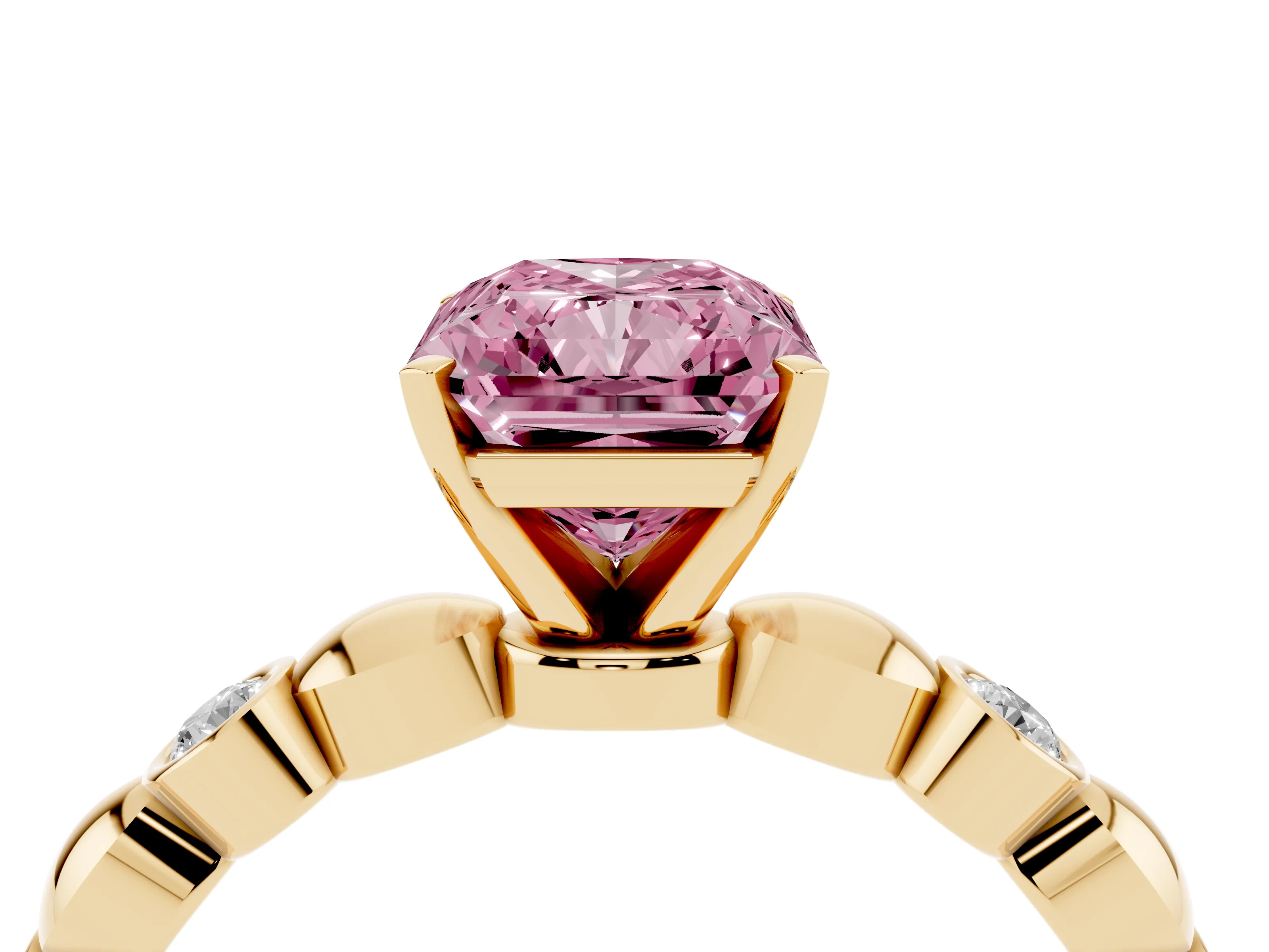 Fancy Pink Radiant Cut Diamond Solitaire Ring Set in Yellow gold with Bezel-Set Accents on Beaded Band and Prong Setting