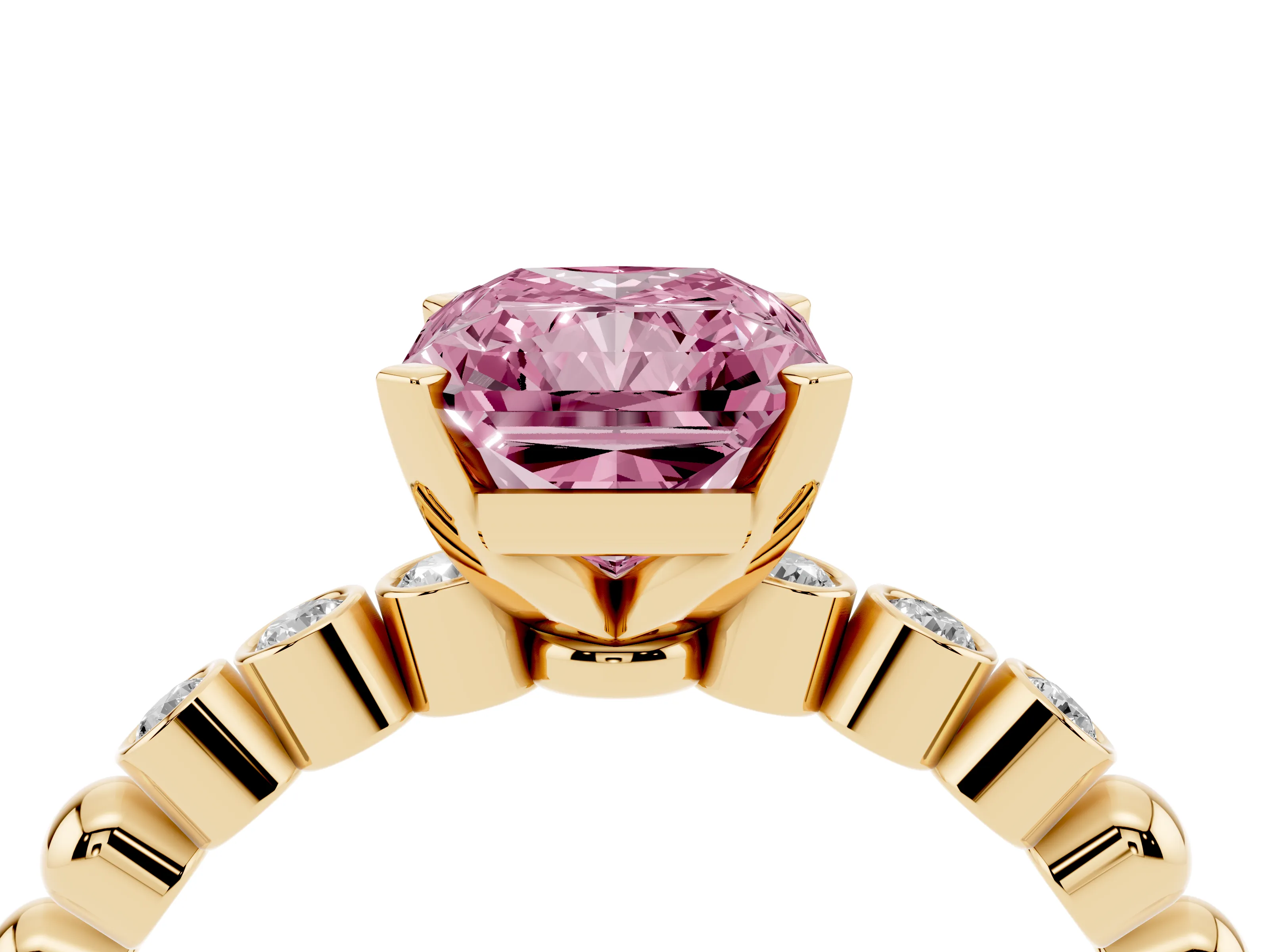 Fancy Pink Radiant Cut Diamond Solitaire Engagement Ring Set in Yellow gold with Bezel Accents on Beaded Band