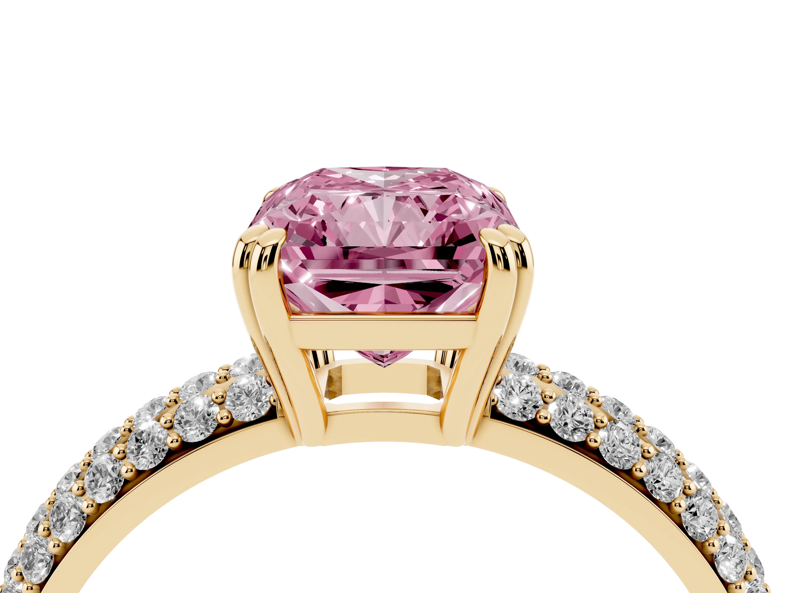 Fancy Pink Radiant Cut Diamond Solitaire Ring Set in Yellow gold with Multi-Row Round Pavé Band and Prong Setting