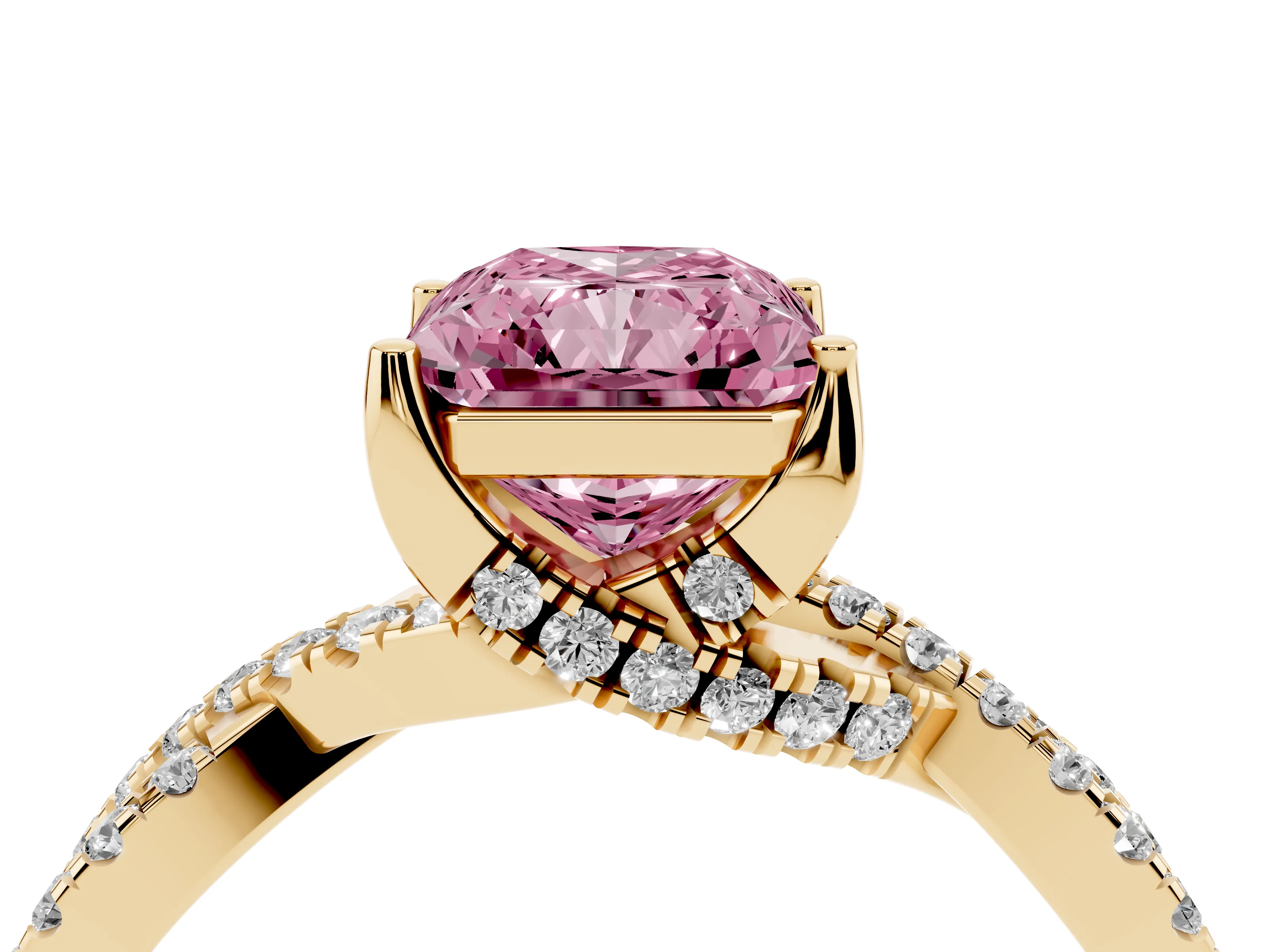 Fancy Pink Radiant Cut Diamond Twist Pavé Solitaire Engagement Ring Set in Yellow gold with Prong Setting