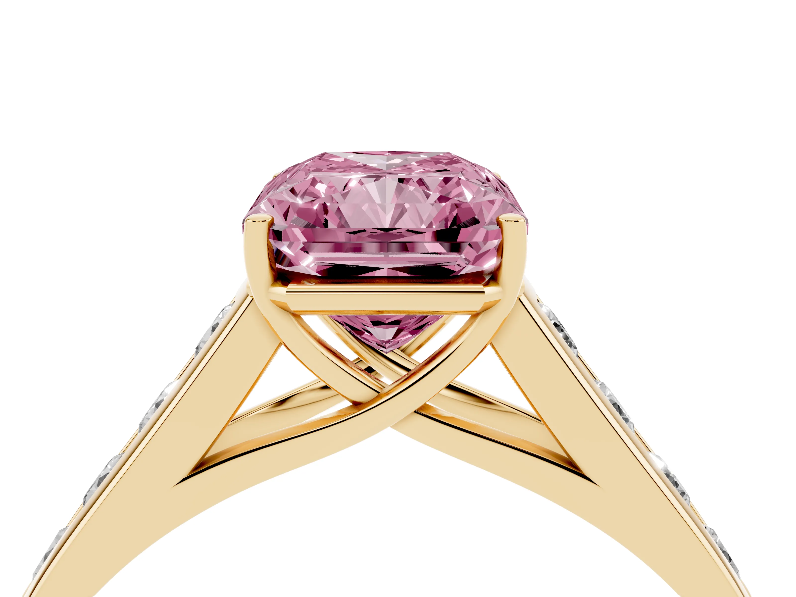 Fancy Pink Radiant Cut Diamond Brilliant Channel-Set Solitaire Ring Set in Yellow gold with Prong Setting