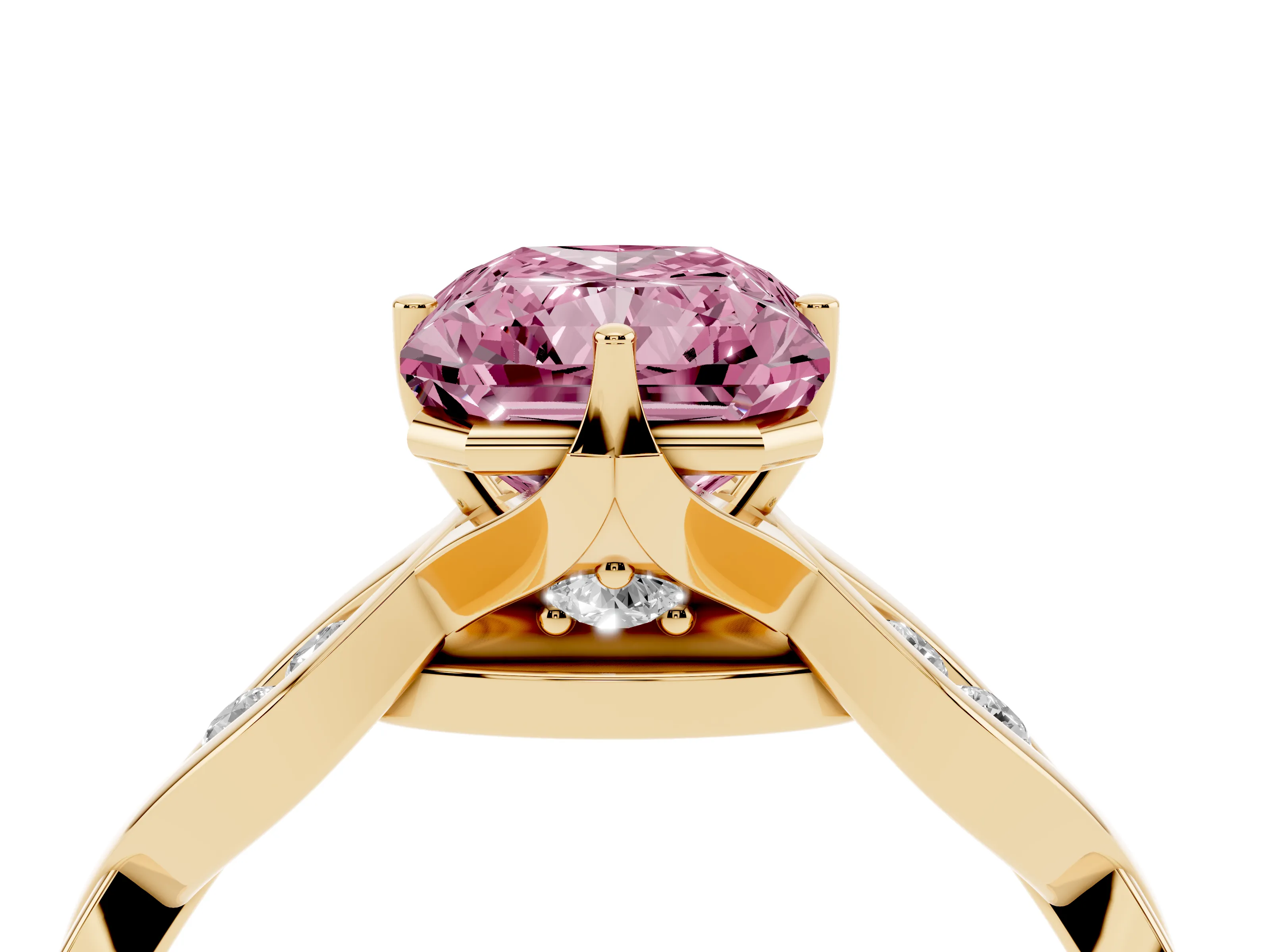 Fancy Pink Radiant Cut Diamond Twist Band Solitaire Ring Set in Yellow gold with Leaf Prong Setting and Accent Stones