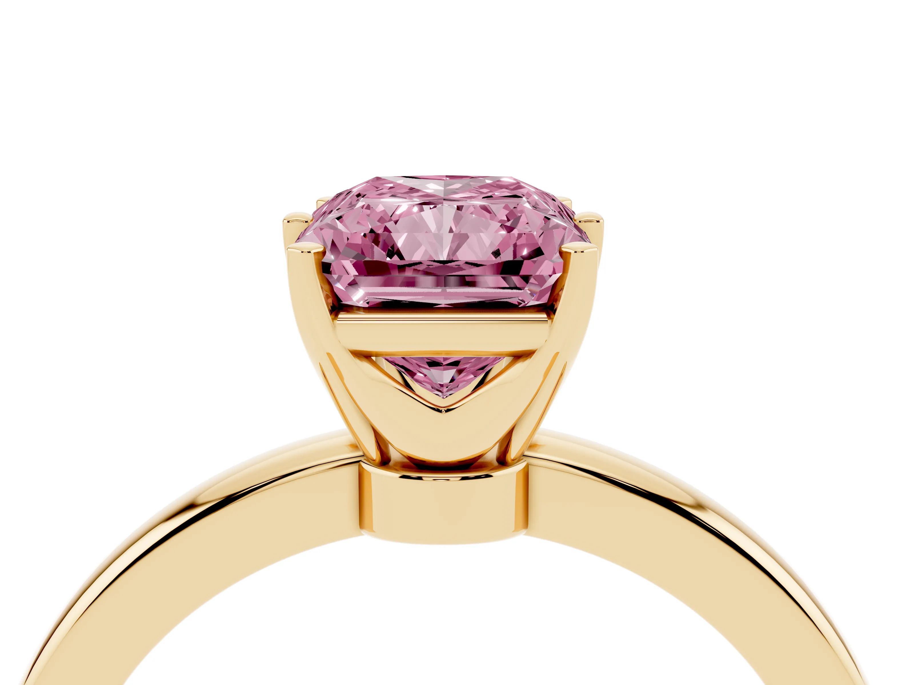 Fancy Pink Radiant Cut Diamond Solitaire Ring Set in Yellow gold with Raised Prong Setting on a Classic Band
