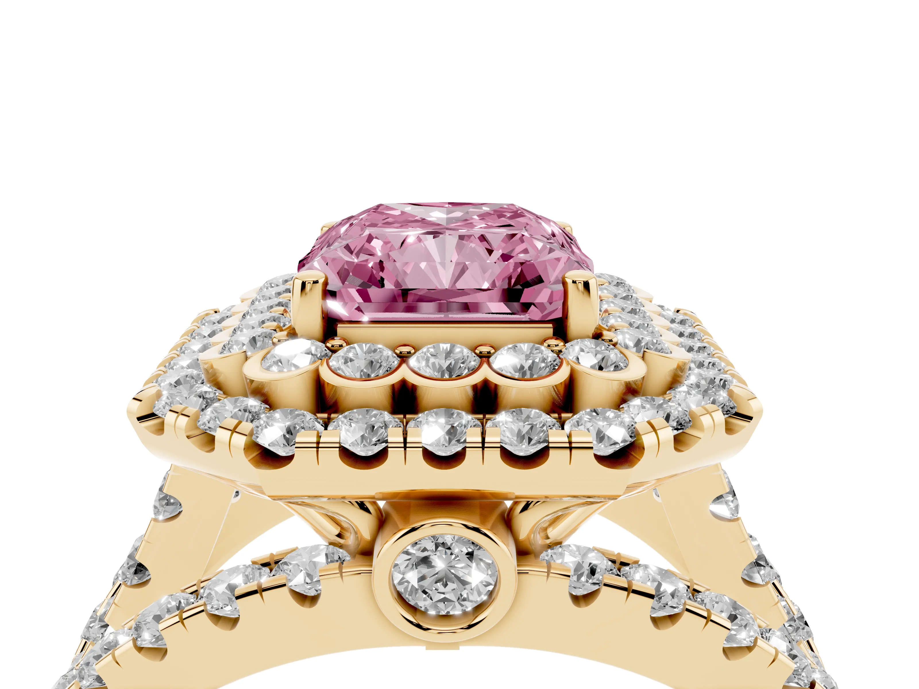 Fancy Pink Radiant Cut Diamond Double Halo Ring Set in Yellow gold with Round Pavé Split Shank