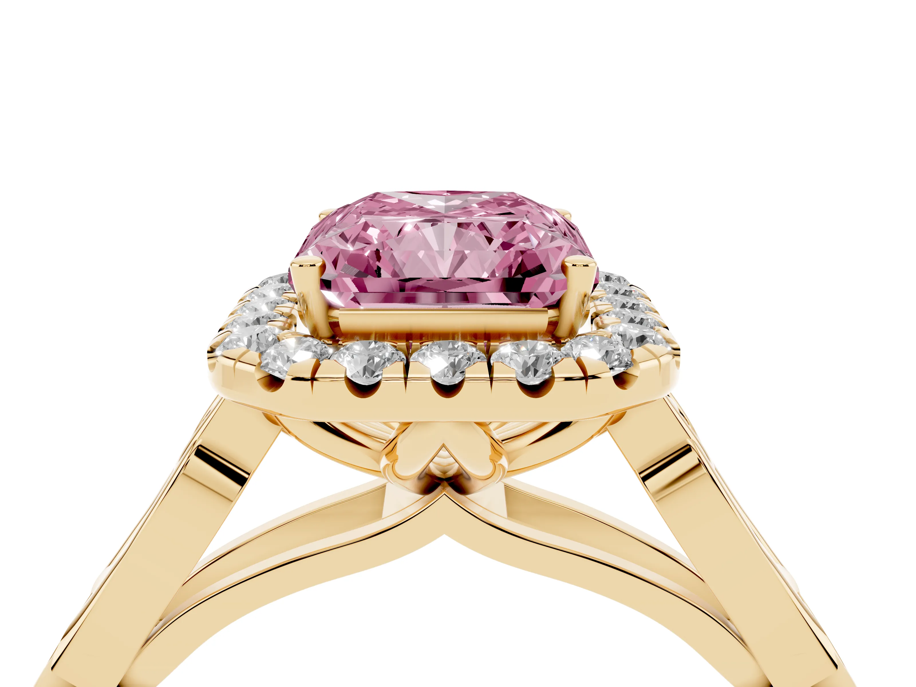 Fancy Pink Radiant Cut Diamond Halo Engagement Ring Set in Yellow gold with Filigree Band and Prong-Set Center