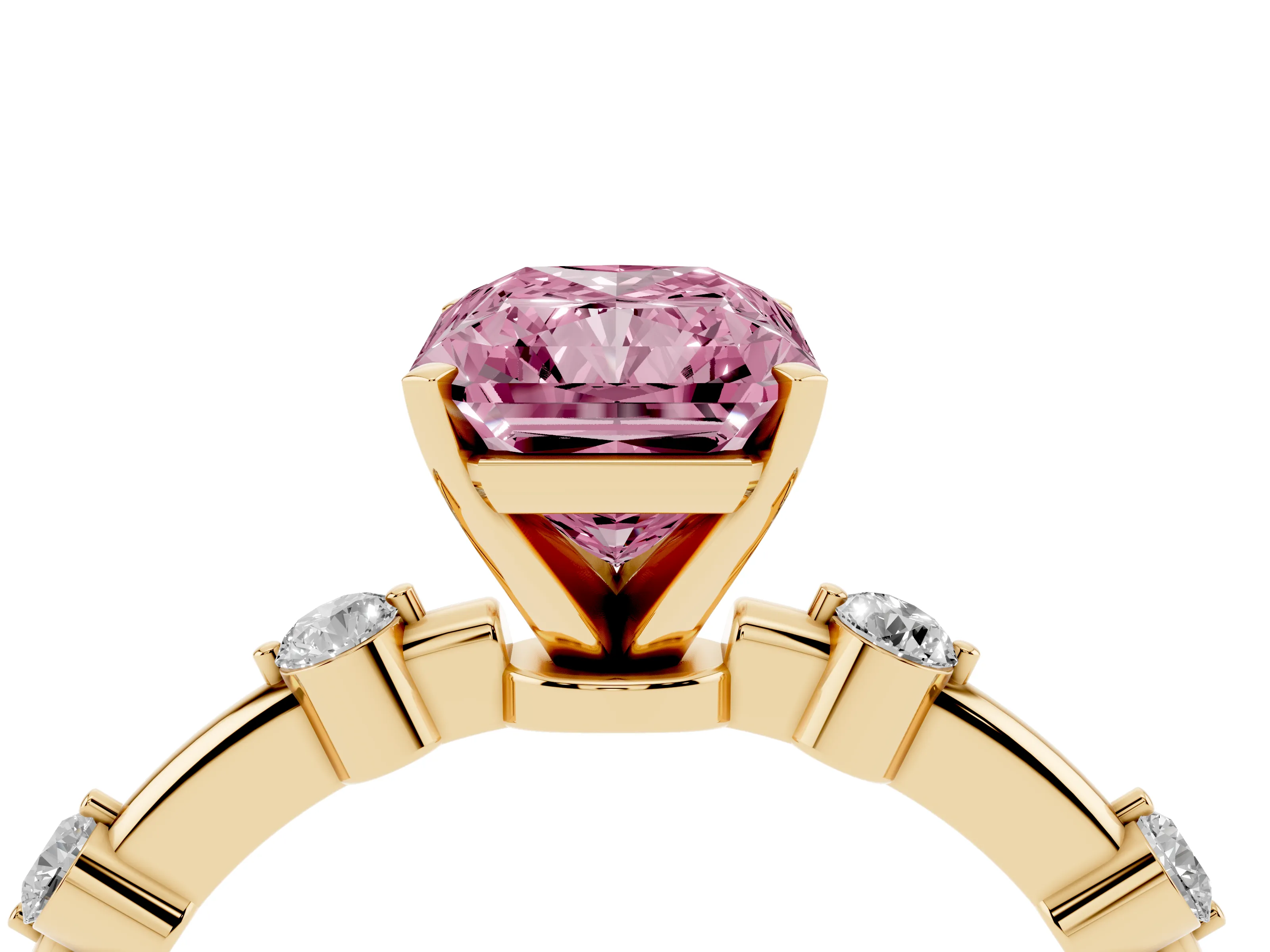 Fancy Pink Radiant Cut Diamond Solitaire Ring Set in Yellow gold with Bezel Set Side Stones and Prong Setting