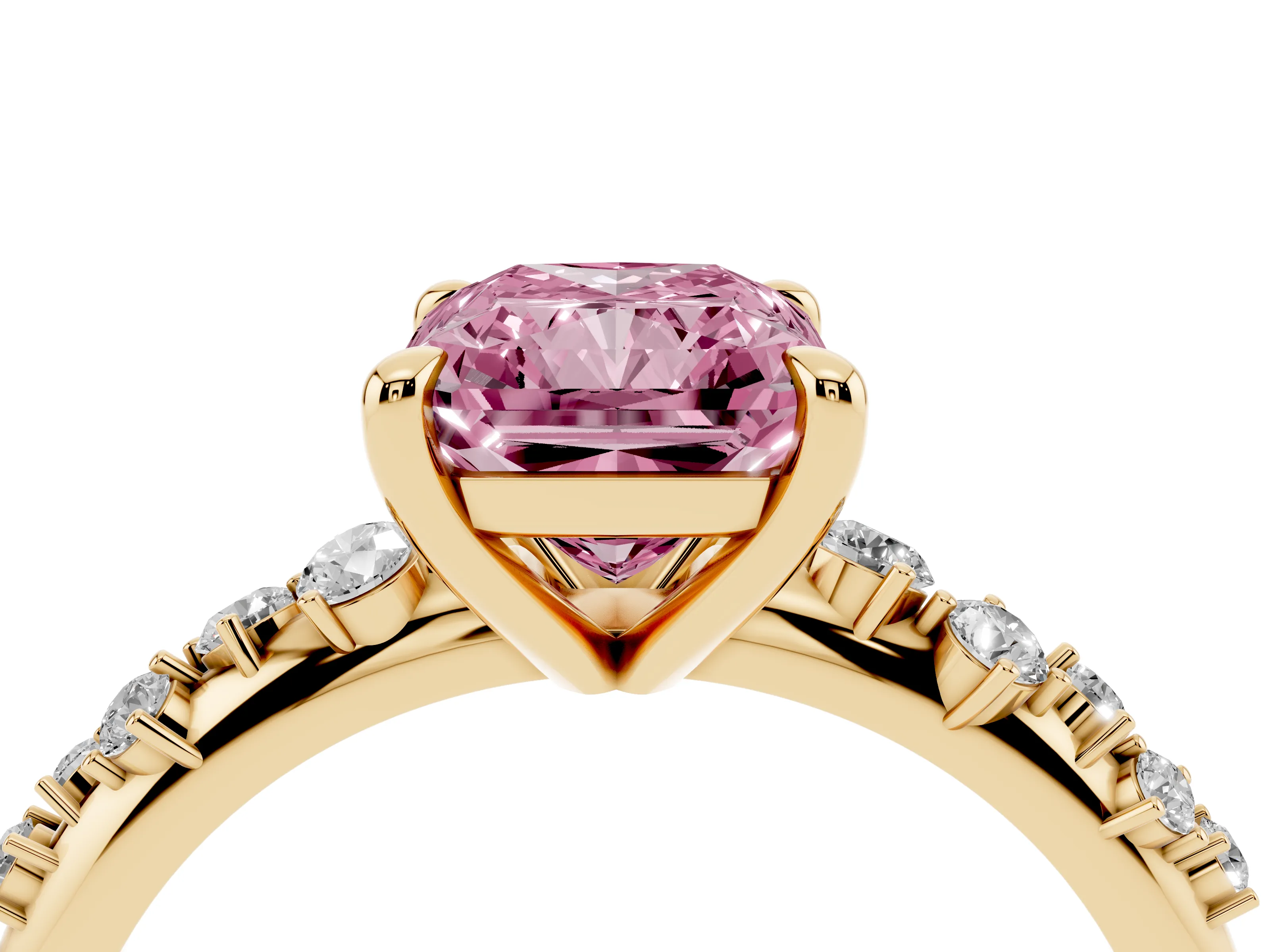 Fancy Pink Radiant Cut Diamond Solitaire Vine Band Ring Set in Yellow gold with Round Accents and Prong Setting