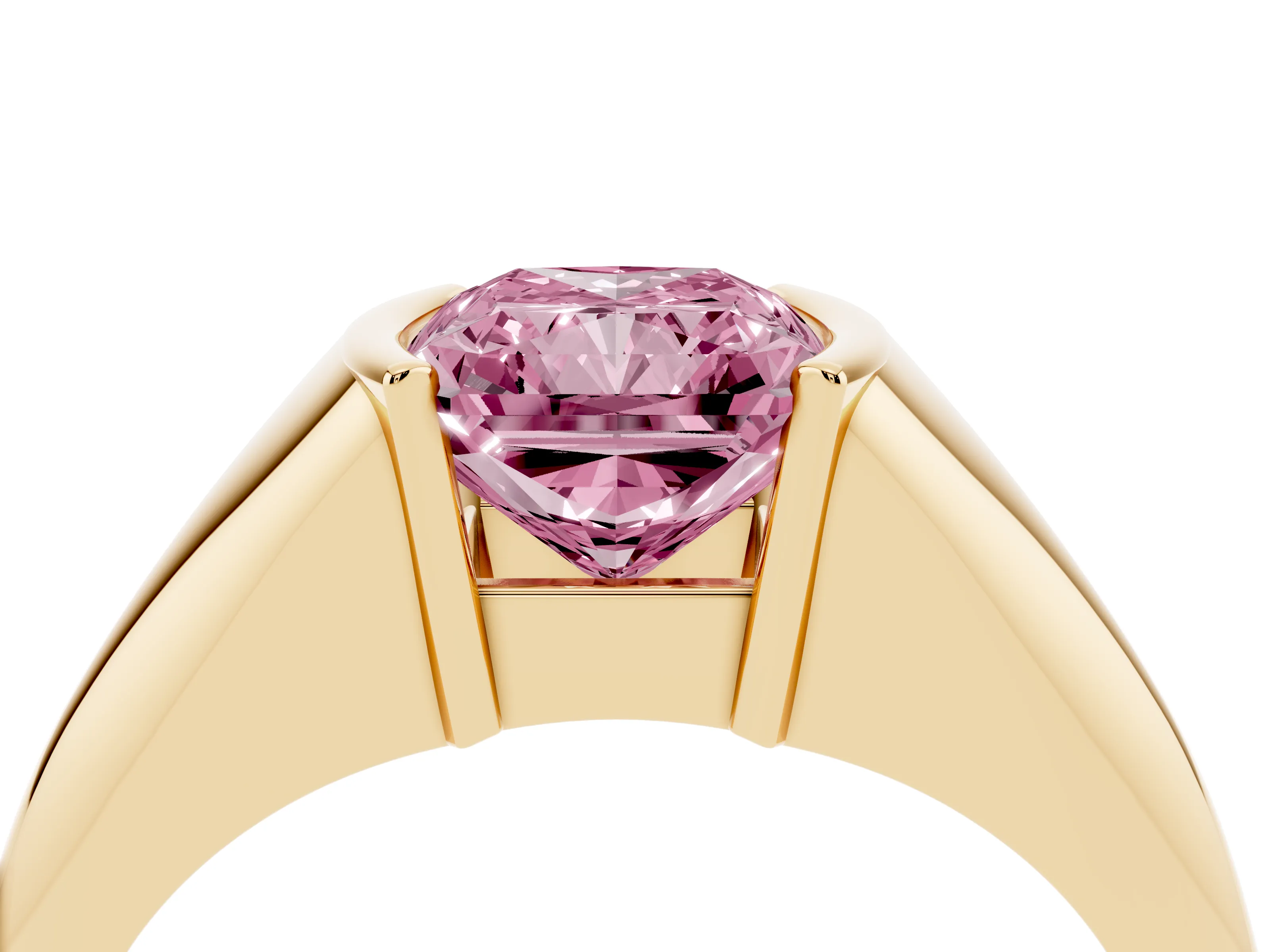 Fancy Pink Radiant Cut Diamond Solitaire Tension Set Ring Set in Yellow gold