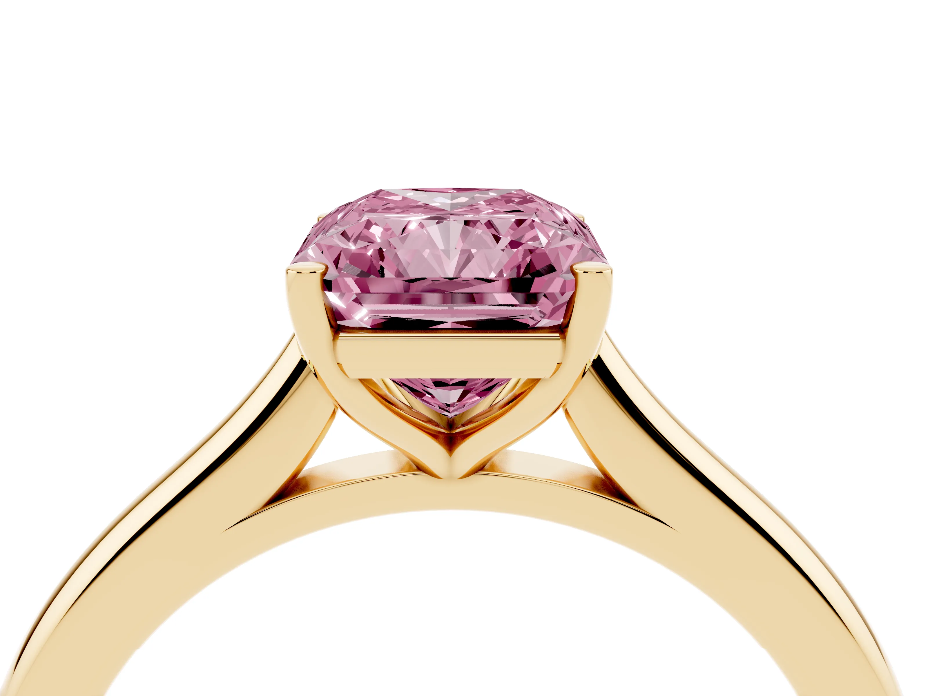Fancy Pink Radiant Cut Diamond Solitaire Ring Set in Yellow gold with Cathedral Band and Prong Setting