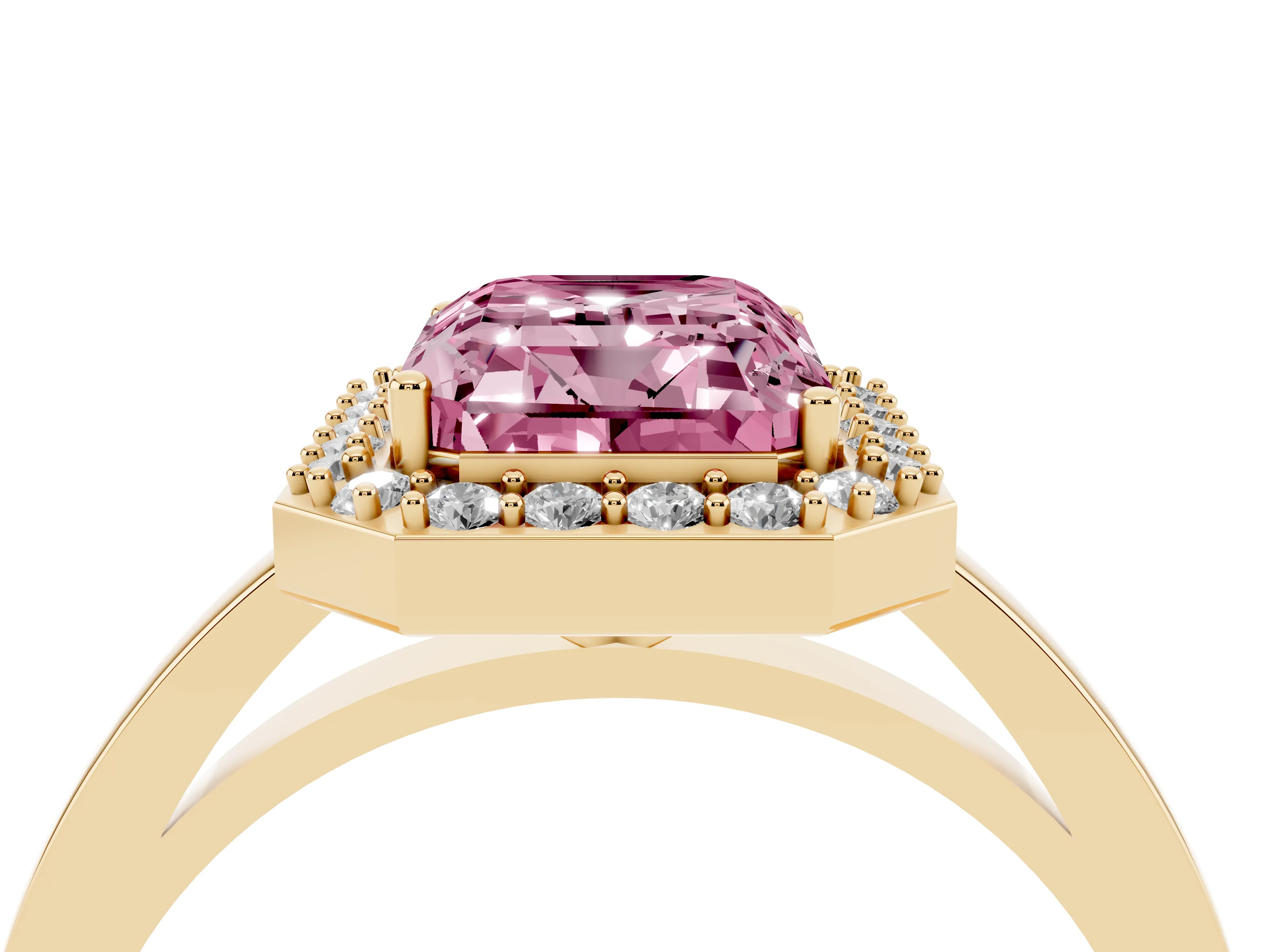 Fancy Pink Radiant Cut Diamond Halo Ring Set in Yellow gold with Solitaire Band and Prong Setting