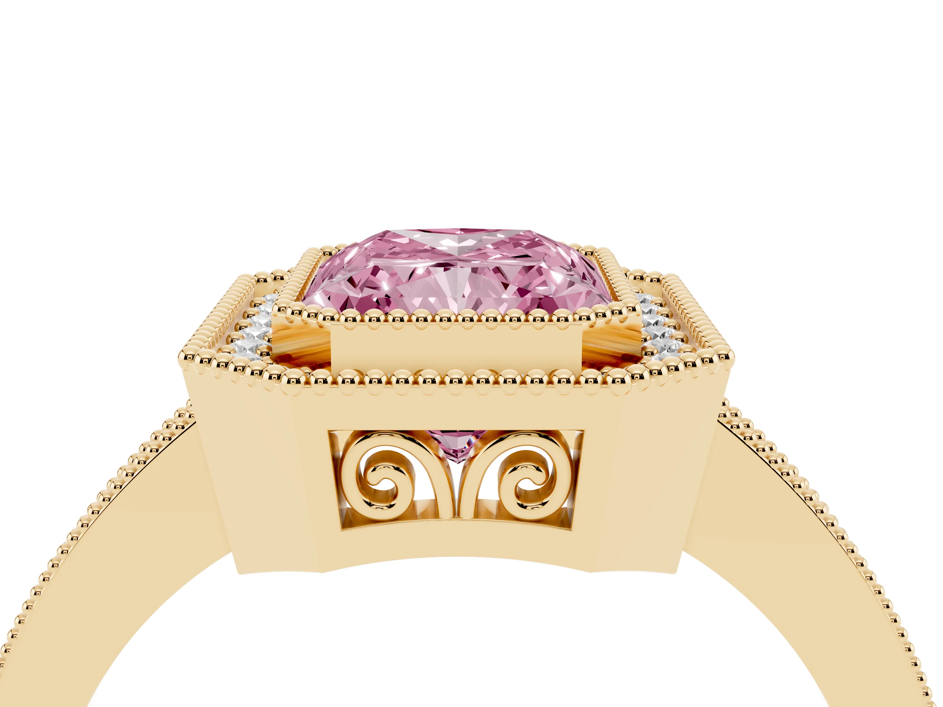 Fancy Pink Radiant Cut Diamond Halo Ring Set in Yellow gold with Pavé Band and Milgrain-Edged Prongs