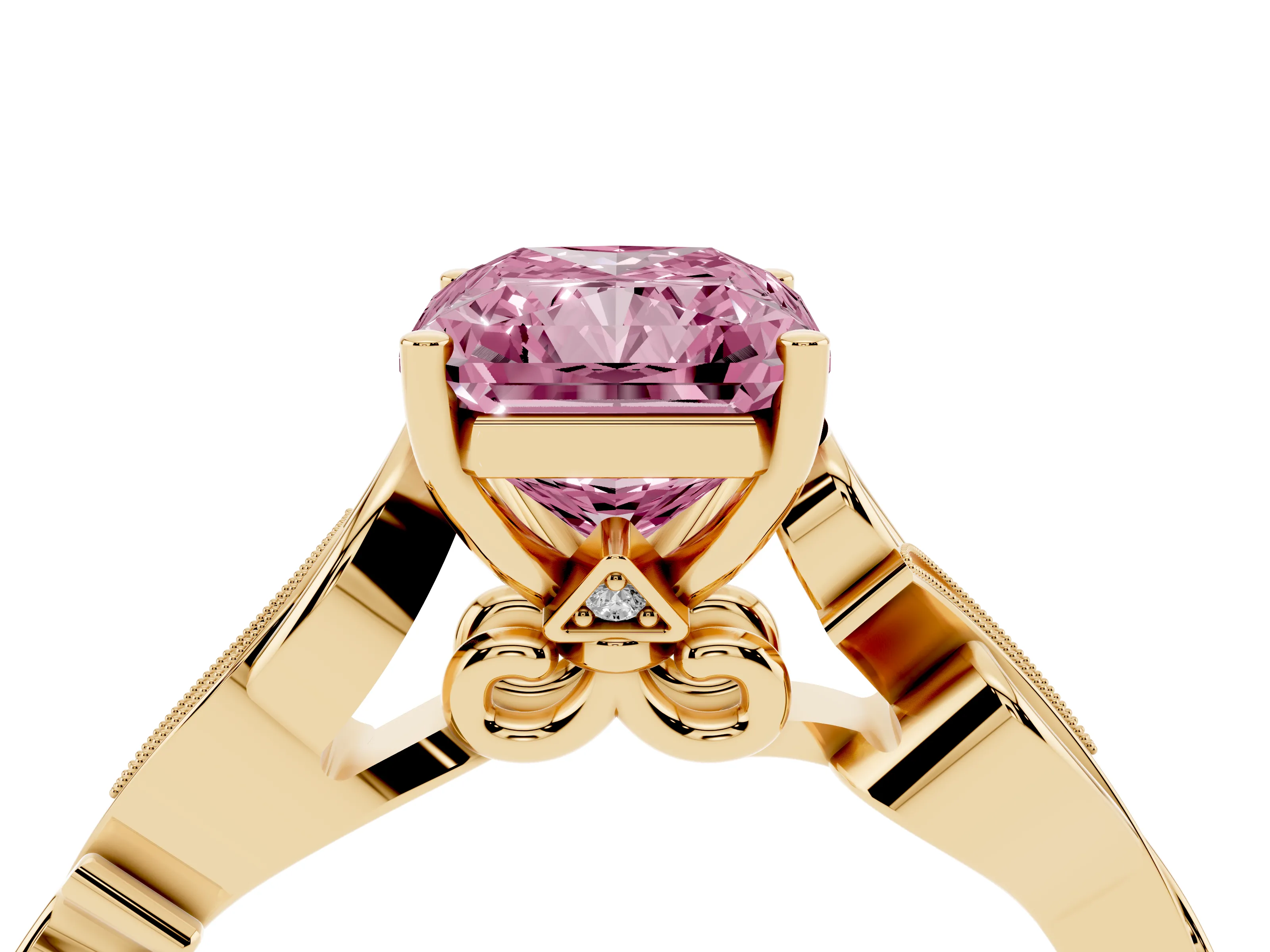 Fancy Pink Radiant Cut Diamond Vine Band Solitaire Ring Set in Yellow gold with Milgrain Prong Setting