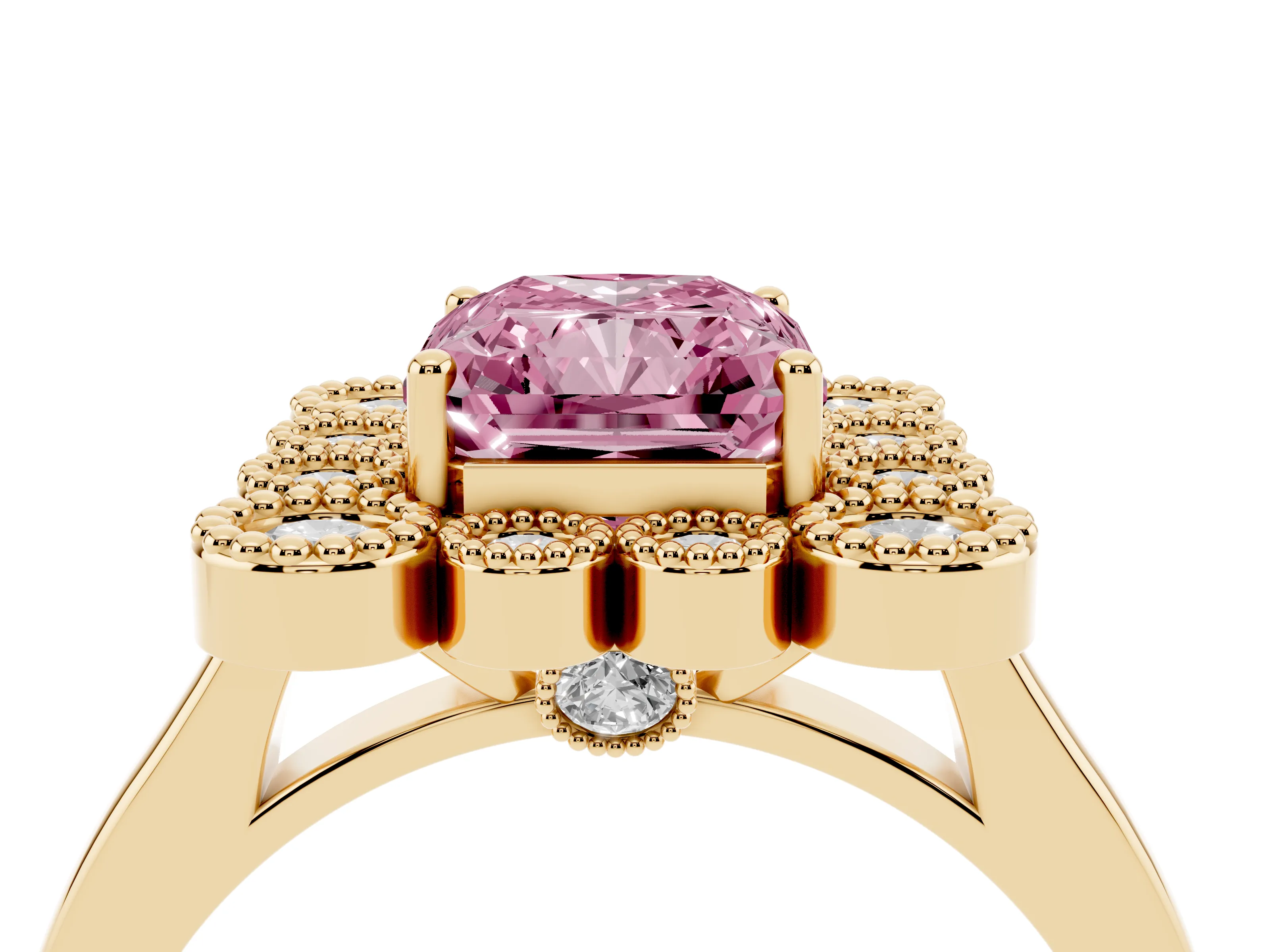 Fancy Pink Radiant Cut Diamond Cluster Halo Ring Set in Yellow gold with Milgrain Bezel Accents and Plain Band