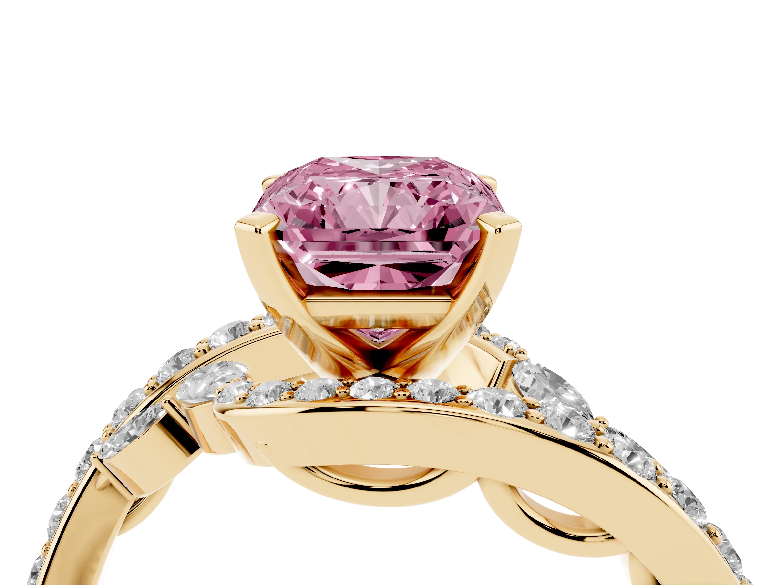 Fancy Pink Radiant Cut Diamond Solitaire Ring Set in Yellow gold with Pavé Twist Band and Secure Prong Setting