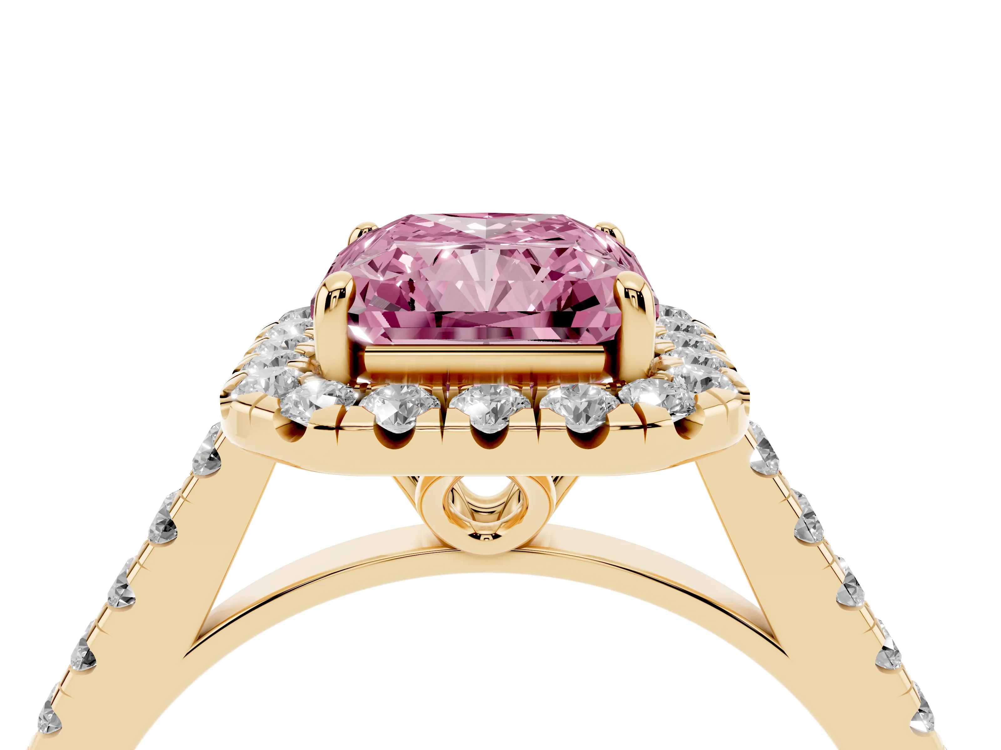 Fancy Pink Radiant Cut Diamond Pavé Halo Engagement Ring Set in Yellow gold with Pavé Band and Prong Setting