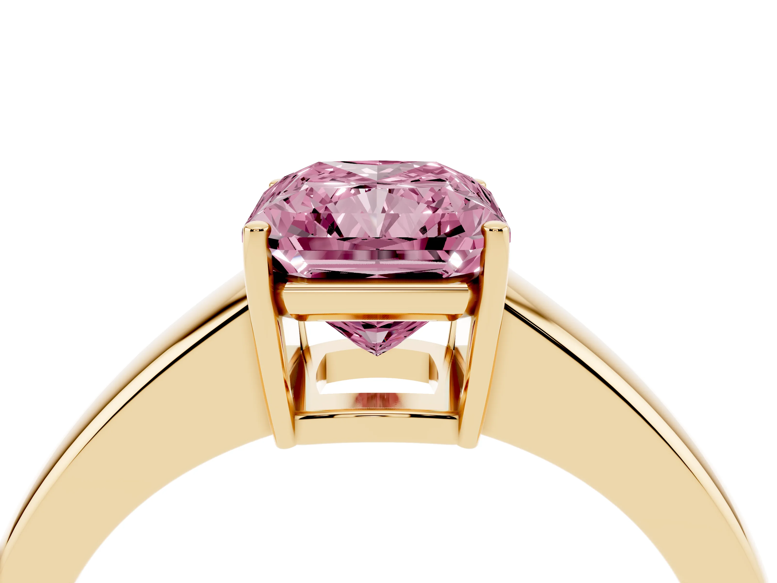 Fancy Pink Radiant Cut Diamond Solitaire Ring Set in Yellow gold with Tapered Band and Prong Setting