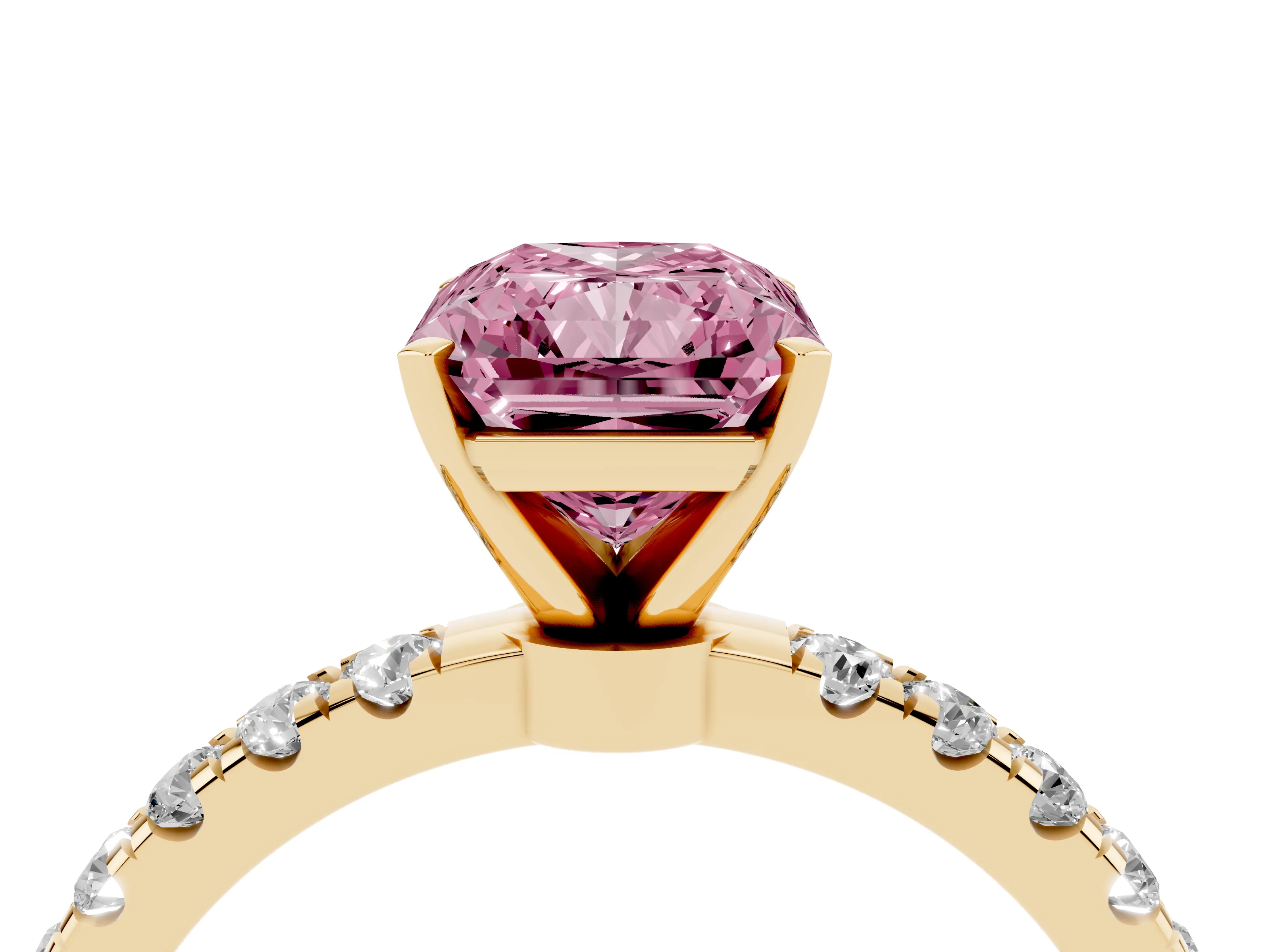 Fancy Pink Radiant Cut Diamond Solitaire Ring Set in Yellow gold with Pavé Accents and Prong Setting
