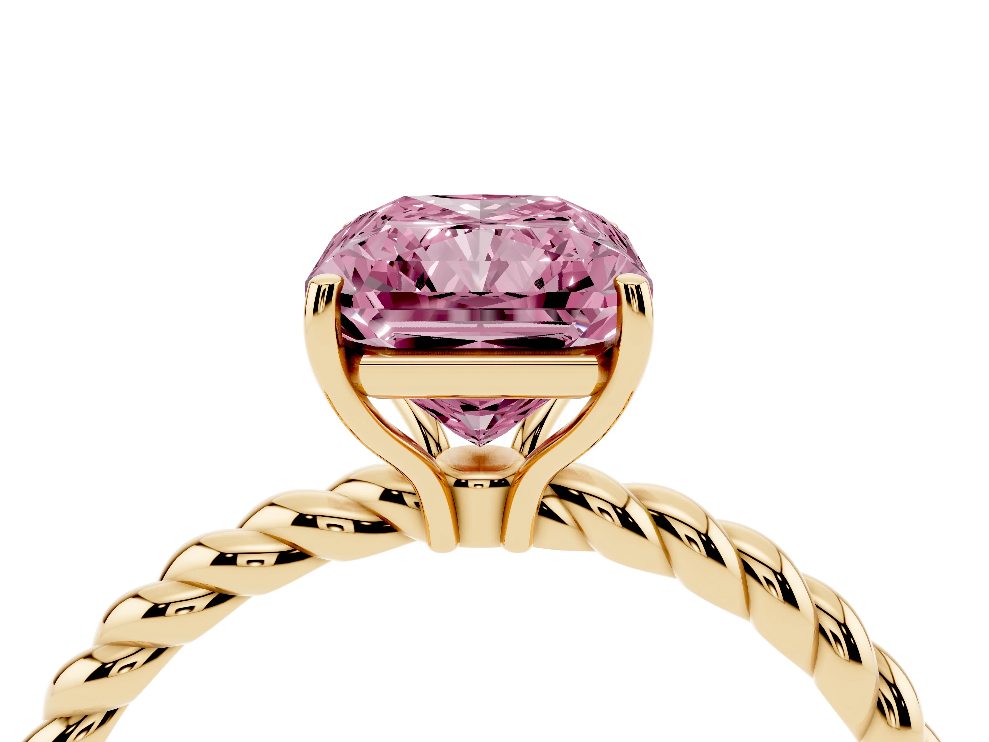 Fancy Pink Radiant Cut Diamond Solitaire Ring Set in Yellow gold with Twist Band and Prong Setting
