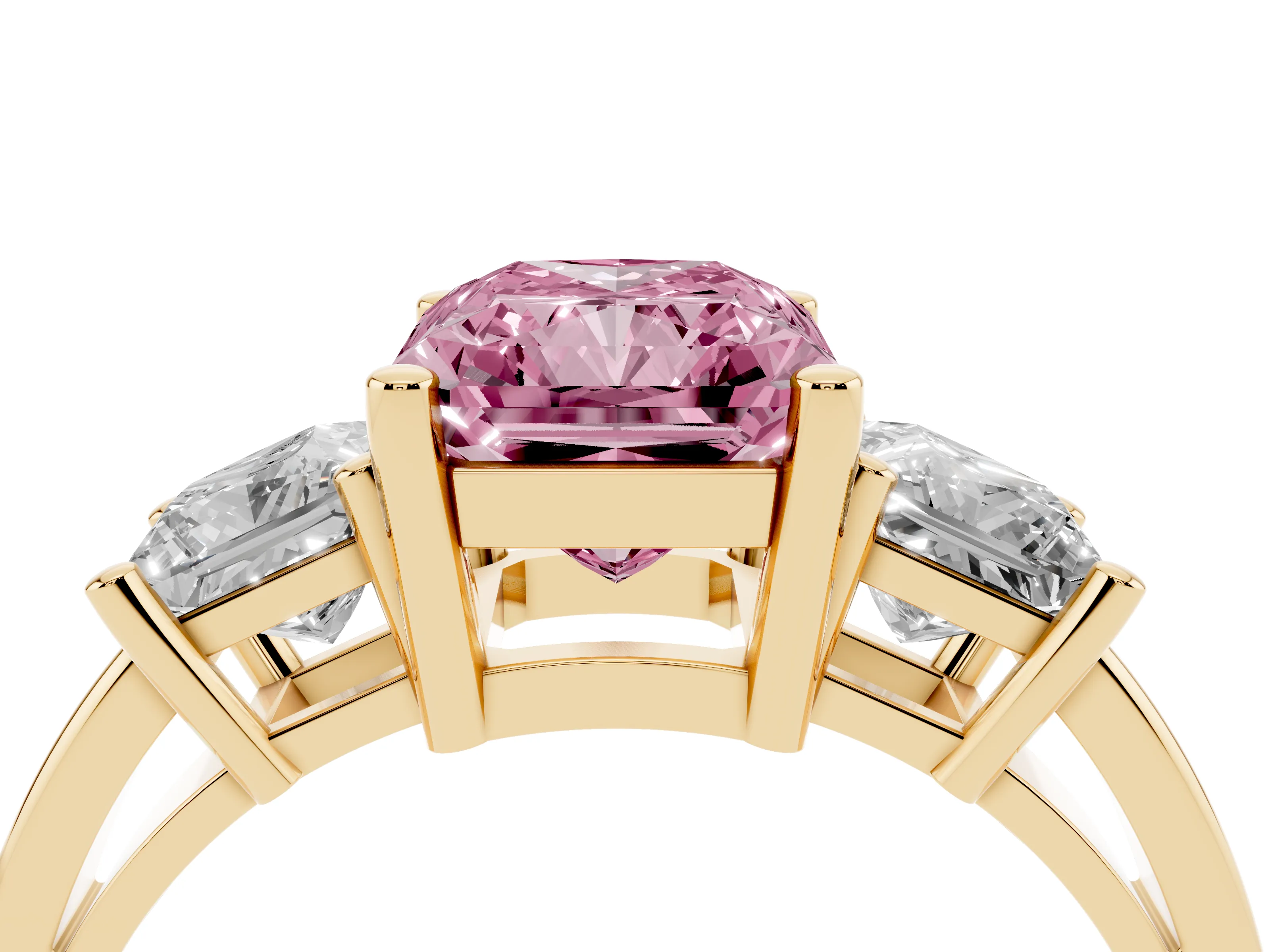 Fancy Pink Three-Stone Radiant Cut Diamond Solitaire Ring Set in Yellow gold with Prong Setting