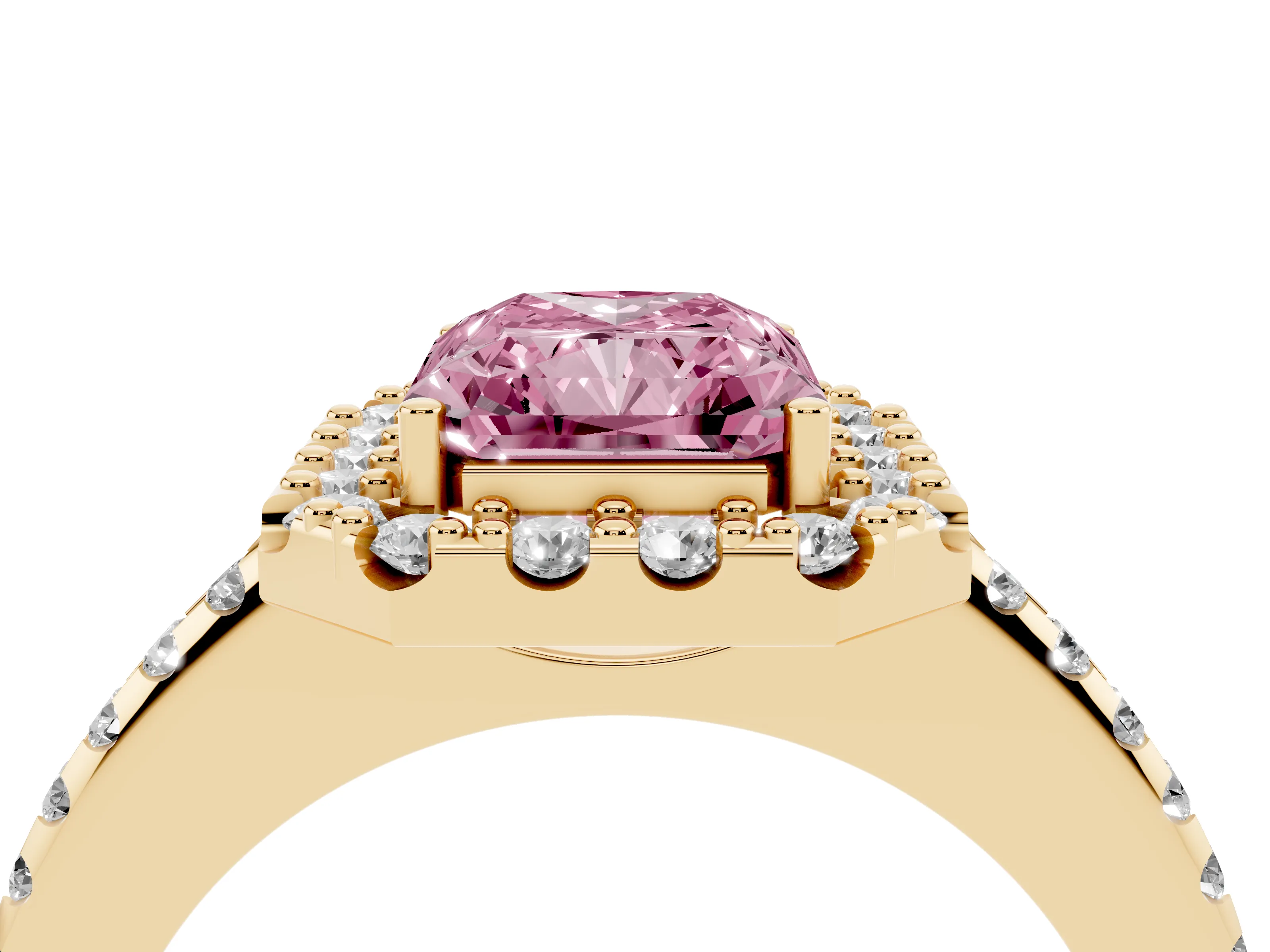 Fancy Pink Radiant Cut Diamond Pavé Halo Ring Set in Yellow gold with Prong Setting