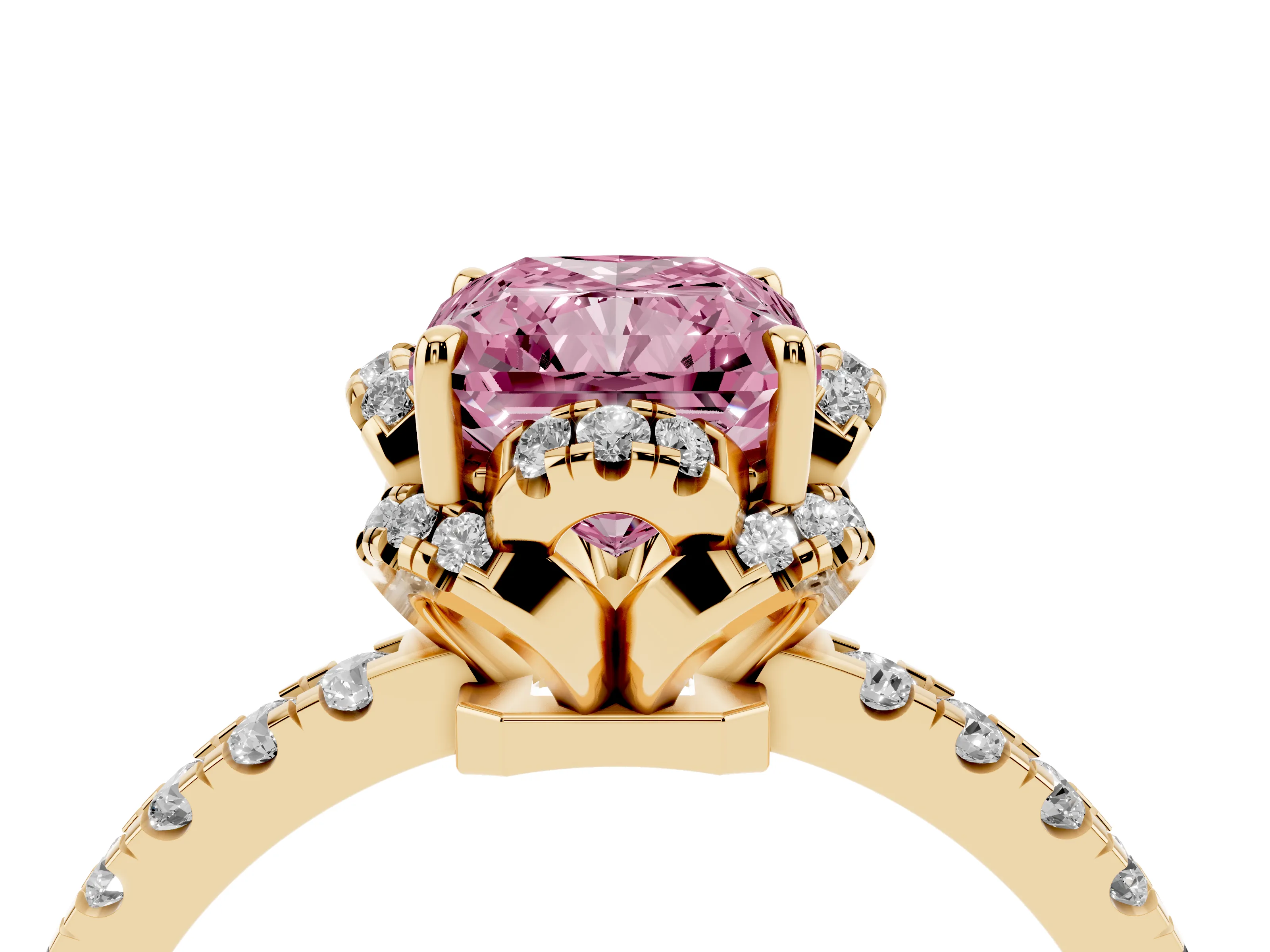 Fancy Pink Radiant Cut Diamond Halo Pavé Band Ring Set in Yellow gold with Prong-Held Center