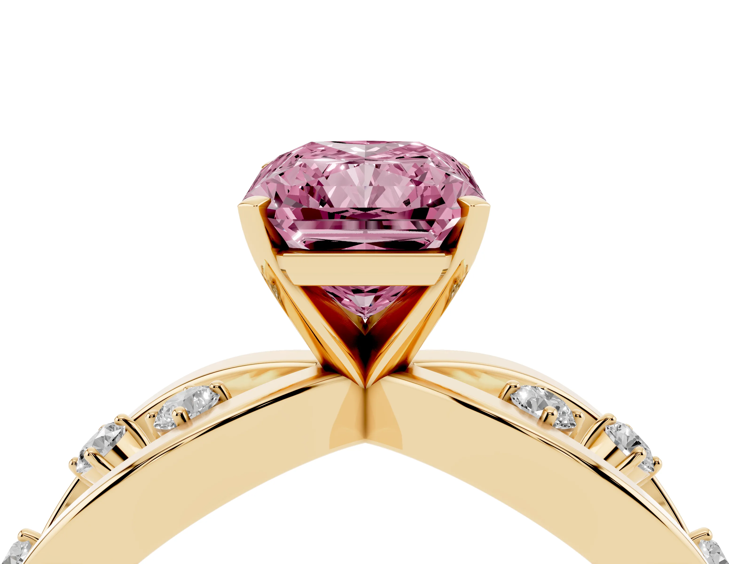 Fancy Pink Radiant Cut Diamond Solitaire Ring Set in Yellow gold with Side Stones on Criss-Cross Band and Prong Setting