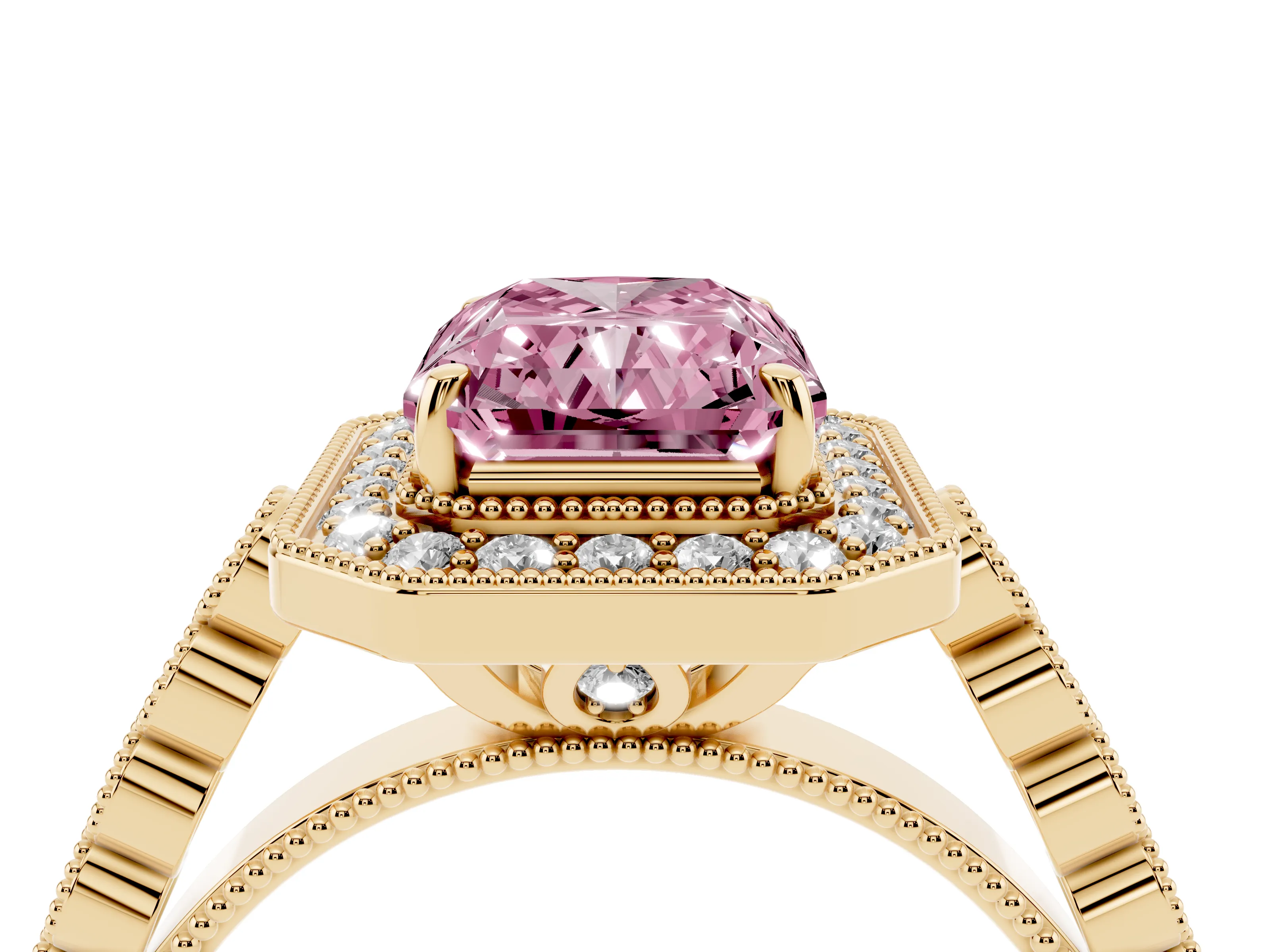 Fancy Pink Radiant Cut Diamond Milgrain Halo Solitaire Ring Set in Yellow gold with Bezel Set Side Stones and Pavé Band