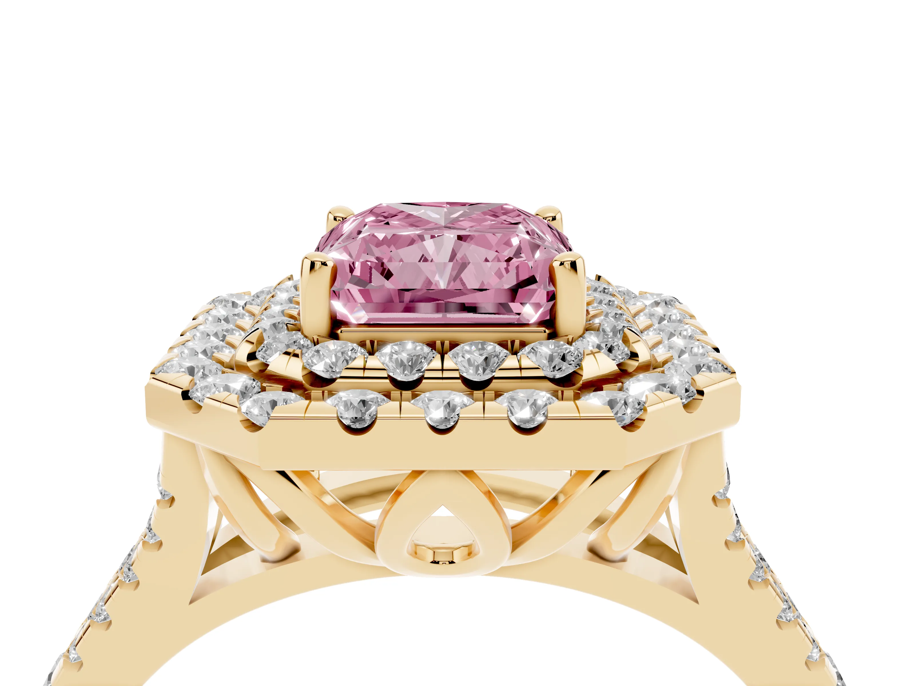 Fancy Pink Radiant Cut Diamond Double Halo Ring Set in Yellow gold with Pavé Split Shank and Prong Setting