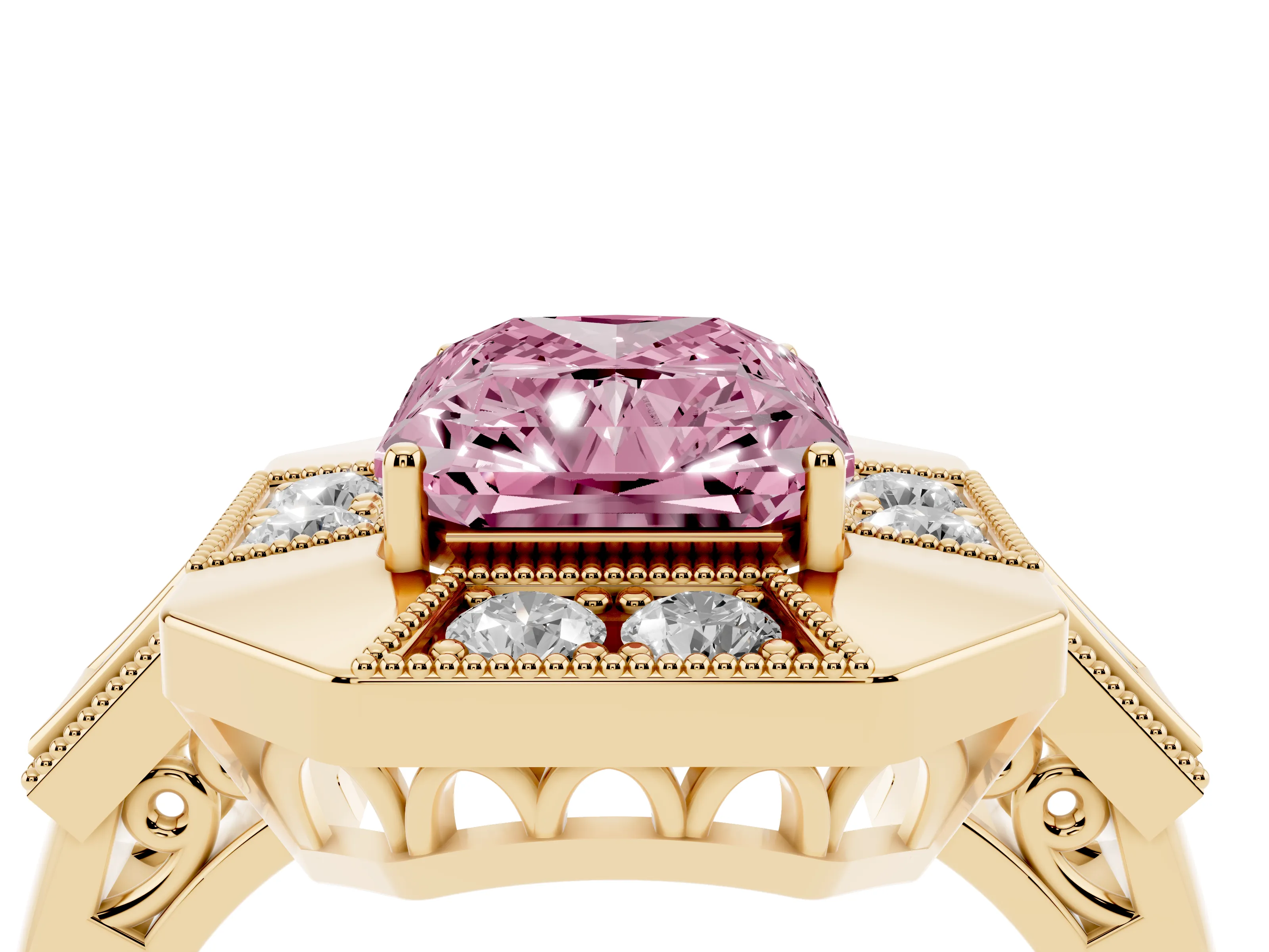 Fancy Pink Radiant Cut Diamond Milgrain Halo Ring Set in Yellow gold with Split Shank