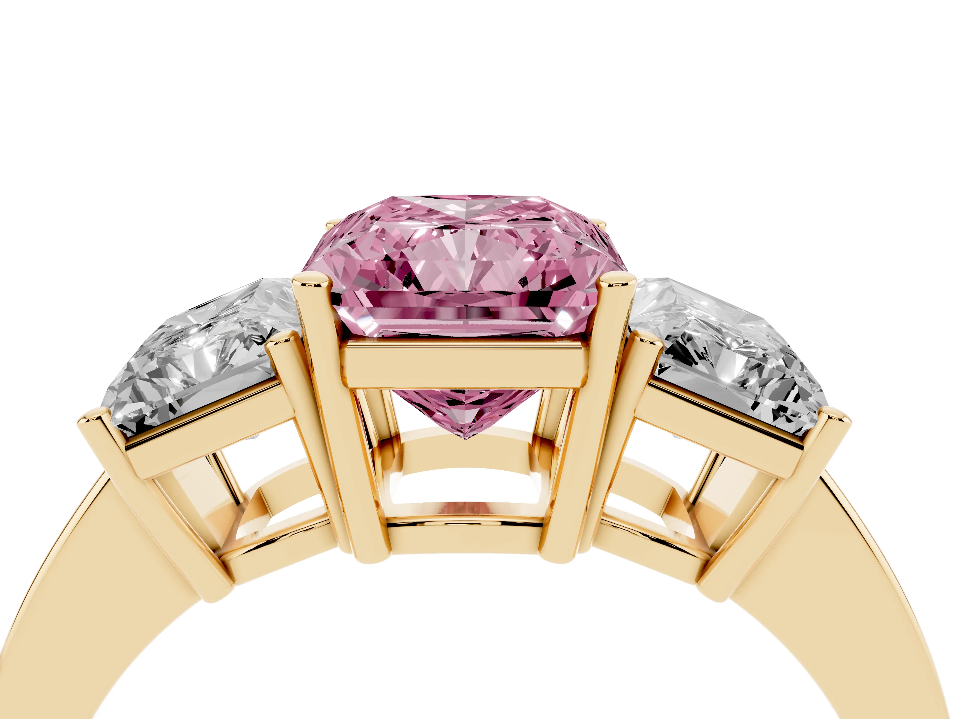 Fancy Pink Radiant Cut Diamond Three-Stone Engagement Ring Set in Yellow gold with Flat Band