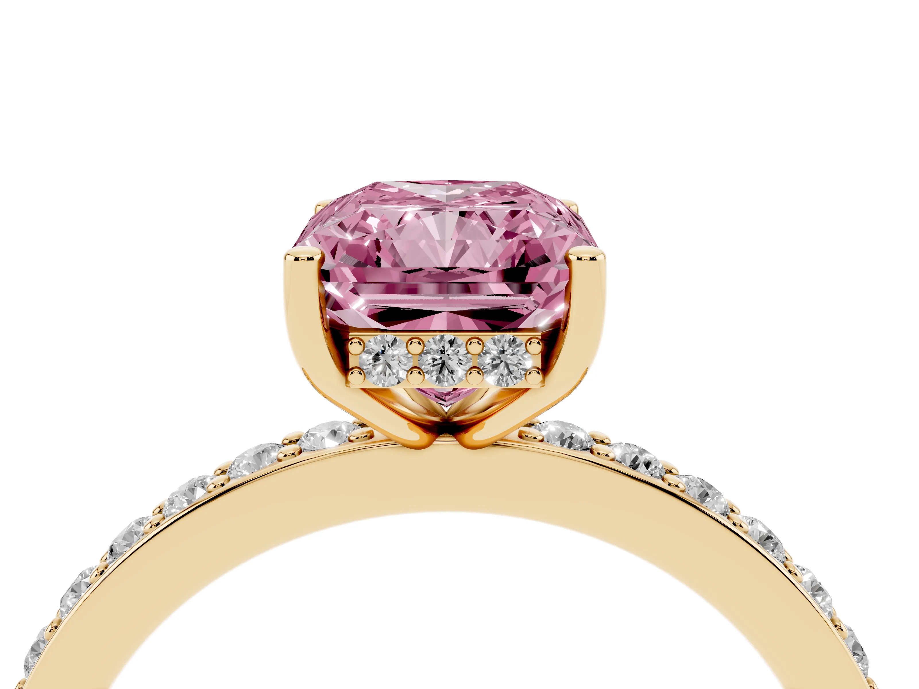 Fancy Pink Radiant Cut Diamond Pavé Band Ring Set in Yellow gold with Prong-Set Center Stone