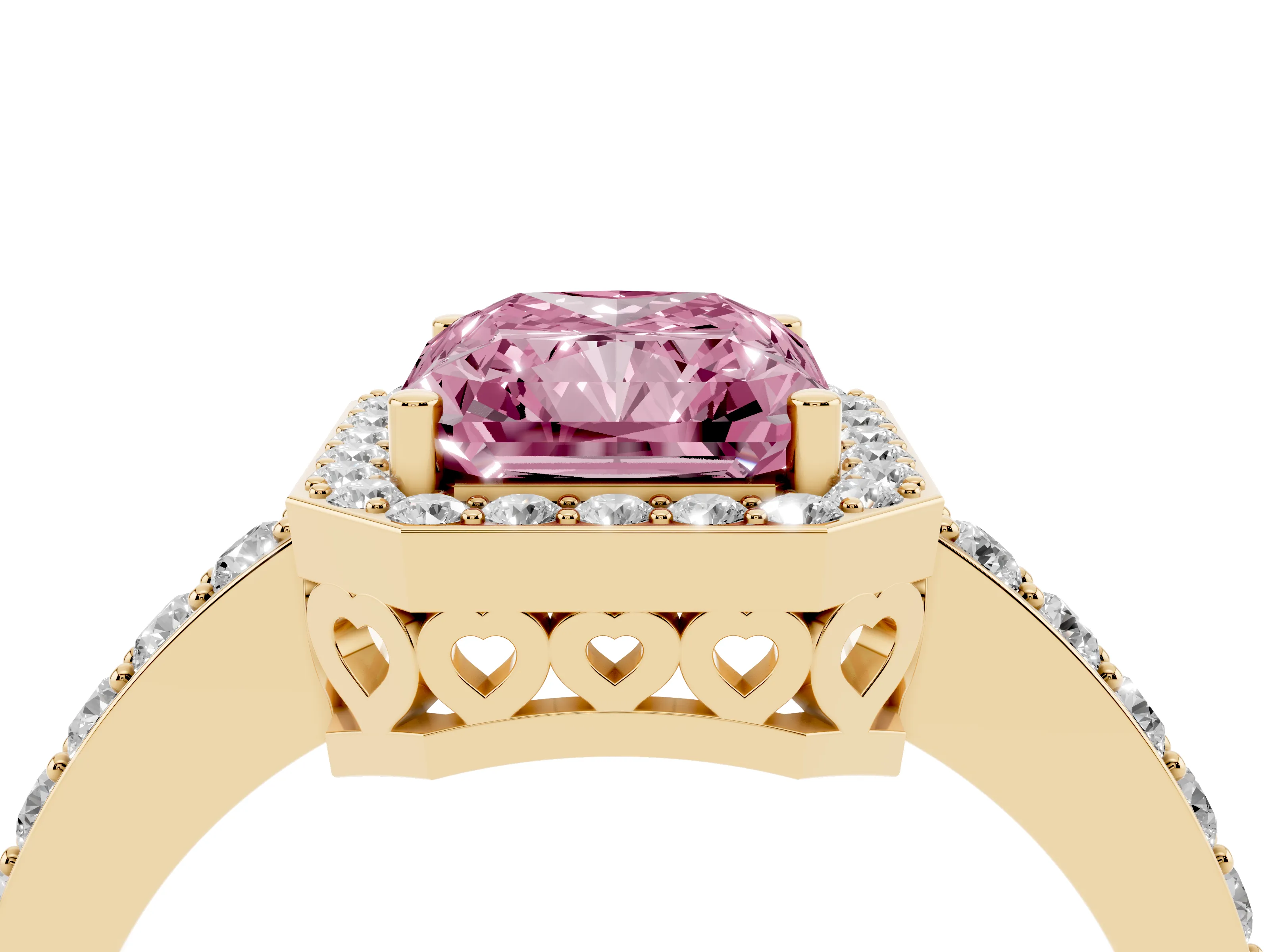 Fancy Pink Radiant Cut Diamond Halo Ring Set in Yellow gold with Pavé-Setting Band and Open Prong Center
