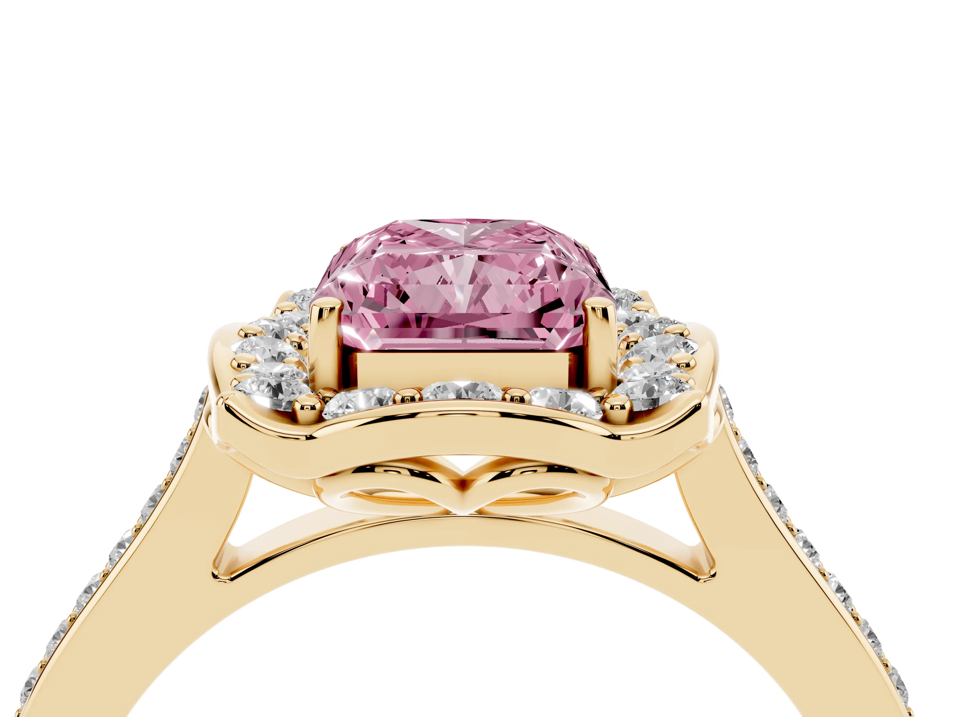 Fancy Pink Radiant Cut Diamond Halo Ring Set in Yellow gold with Pavé-Lined Shoulders and Prong Setting