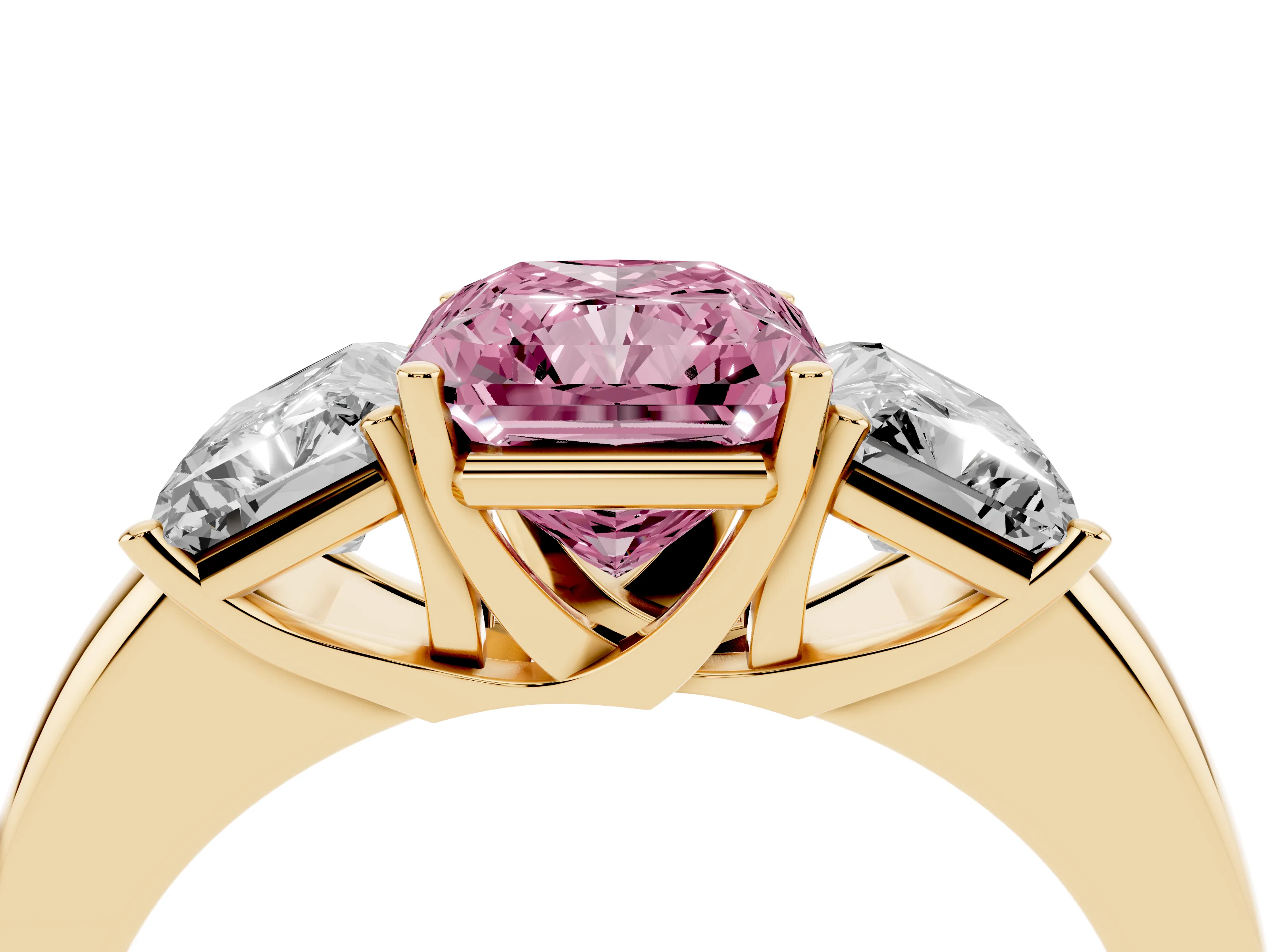 Fancy Pink Radiant Cut Diamond Three-Stone Ring Set in Yellow gold with Bold Center and Classic Band