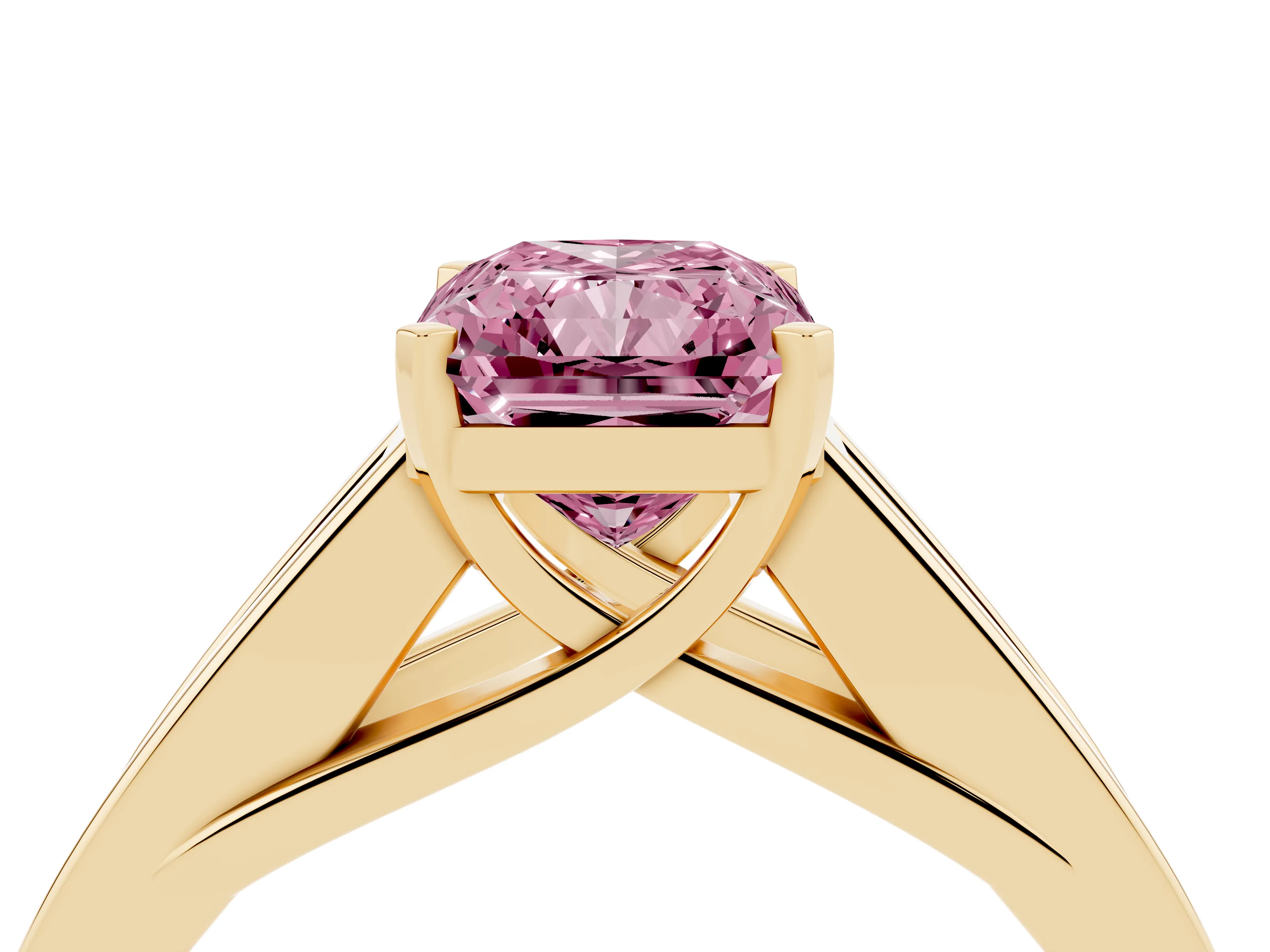 Fancy Pink Radiant Cut Diamond Solitaire Ring Set in Yellow gold with Channel-Set Accent Stones and Prong Setting