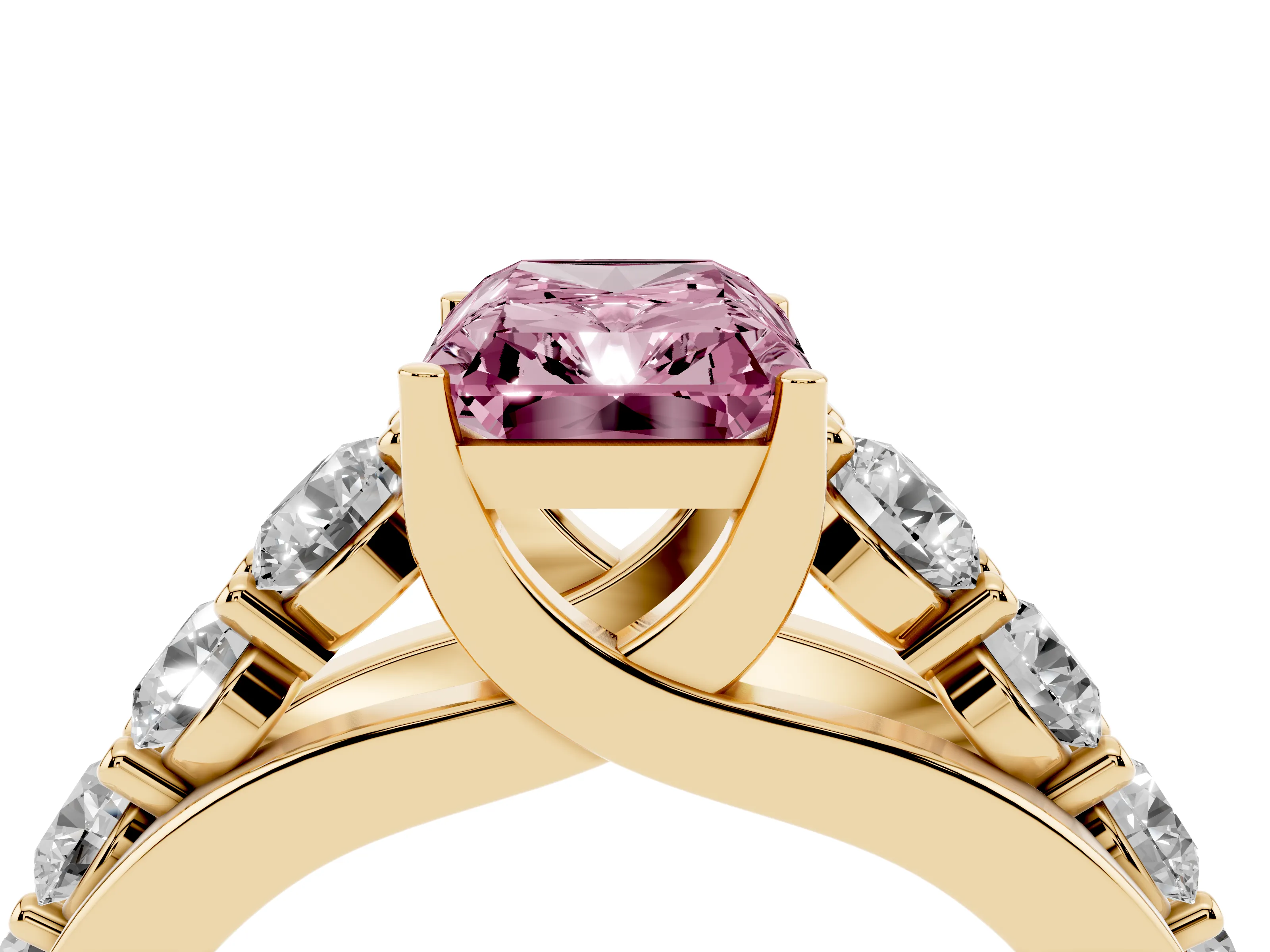 Fancy Pink Radiant Cut Diamond Pavé Engagement Ring Set in Yellow gold with Prong Setting